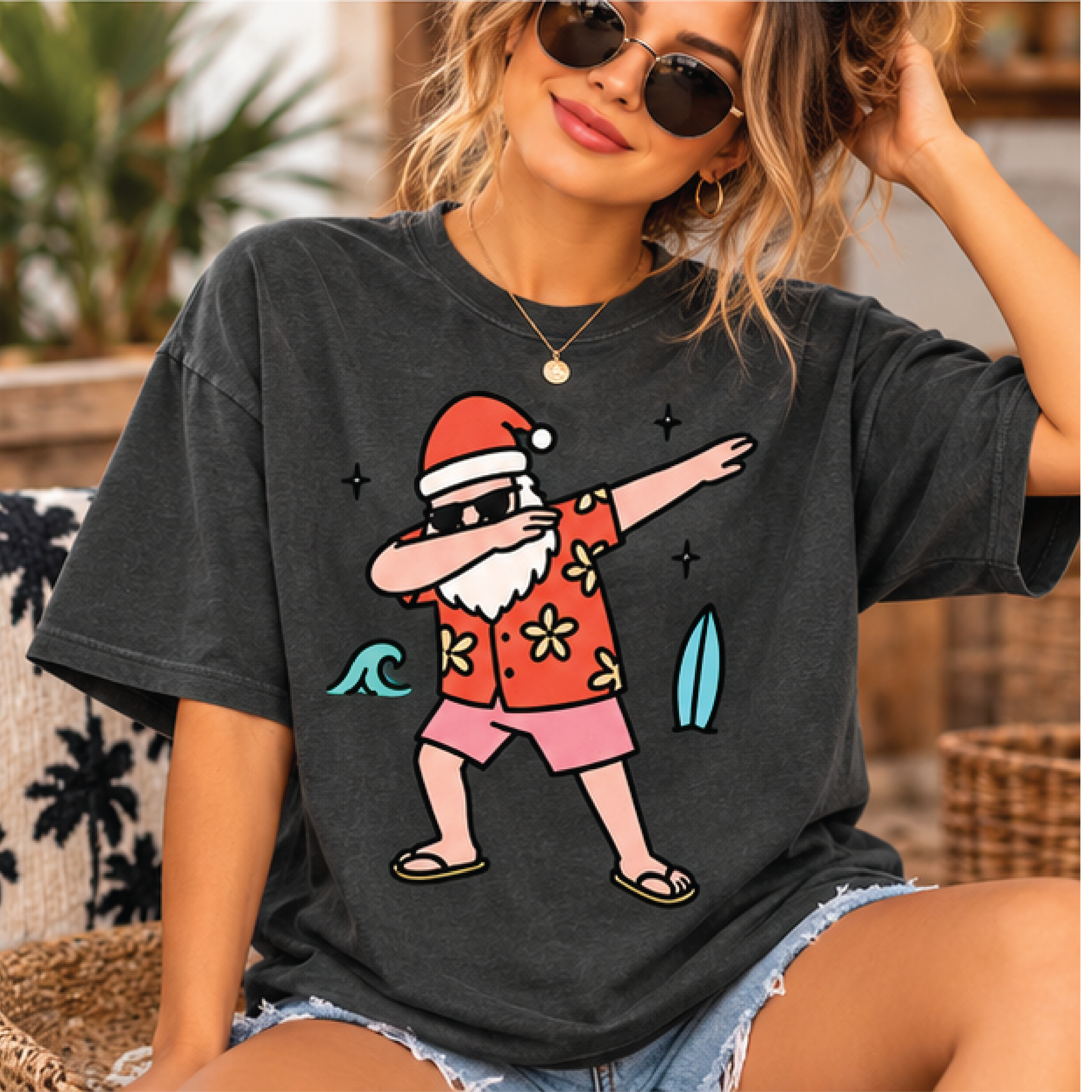 summer santa claus dabbing t-shirt, funny tropical christmas graphic tee, surfing santa holiday shirt, beach xmas gift