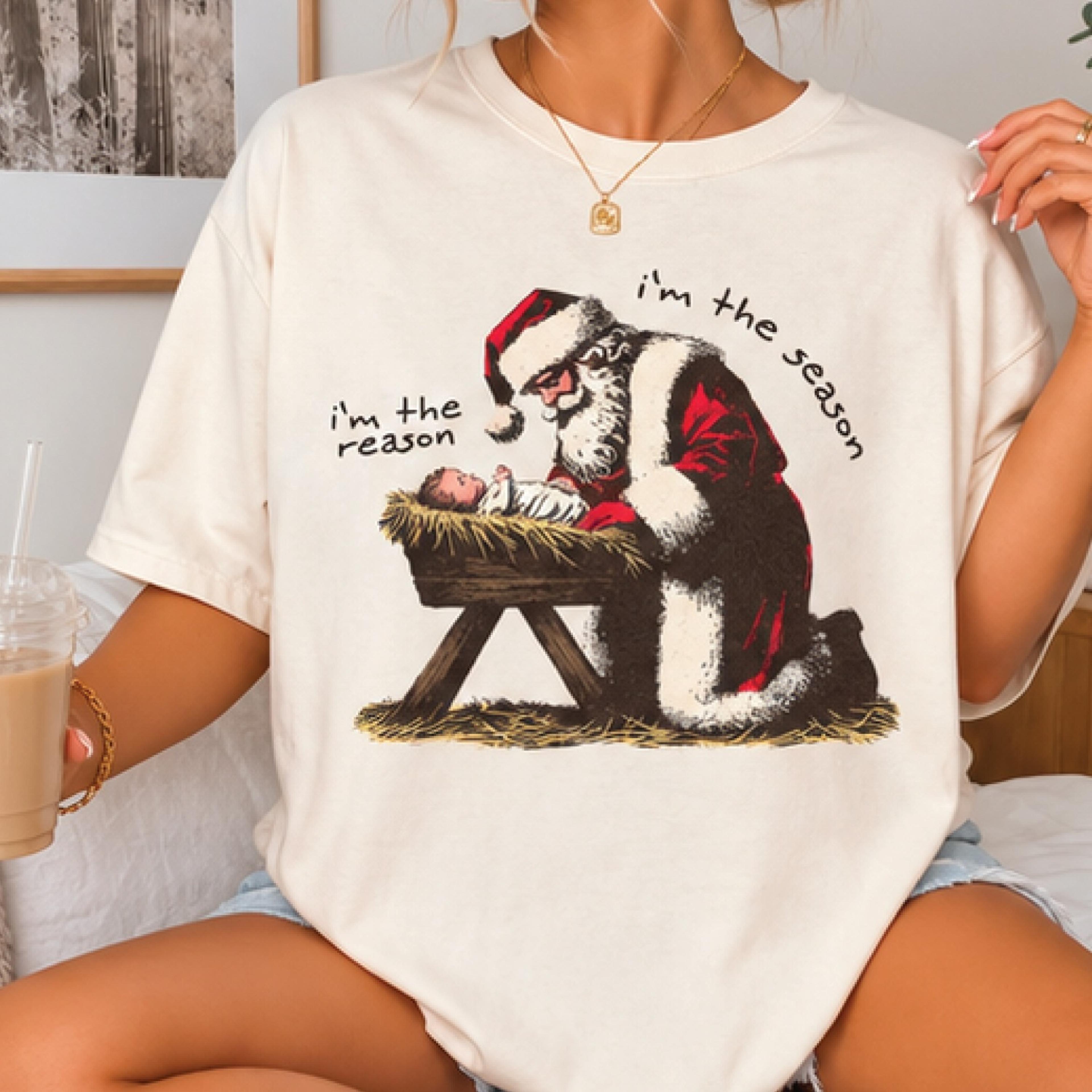 i'm the reason i'm the season christmas shirt, funny santa baby jesus graphic tee, religious holiday gift for women