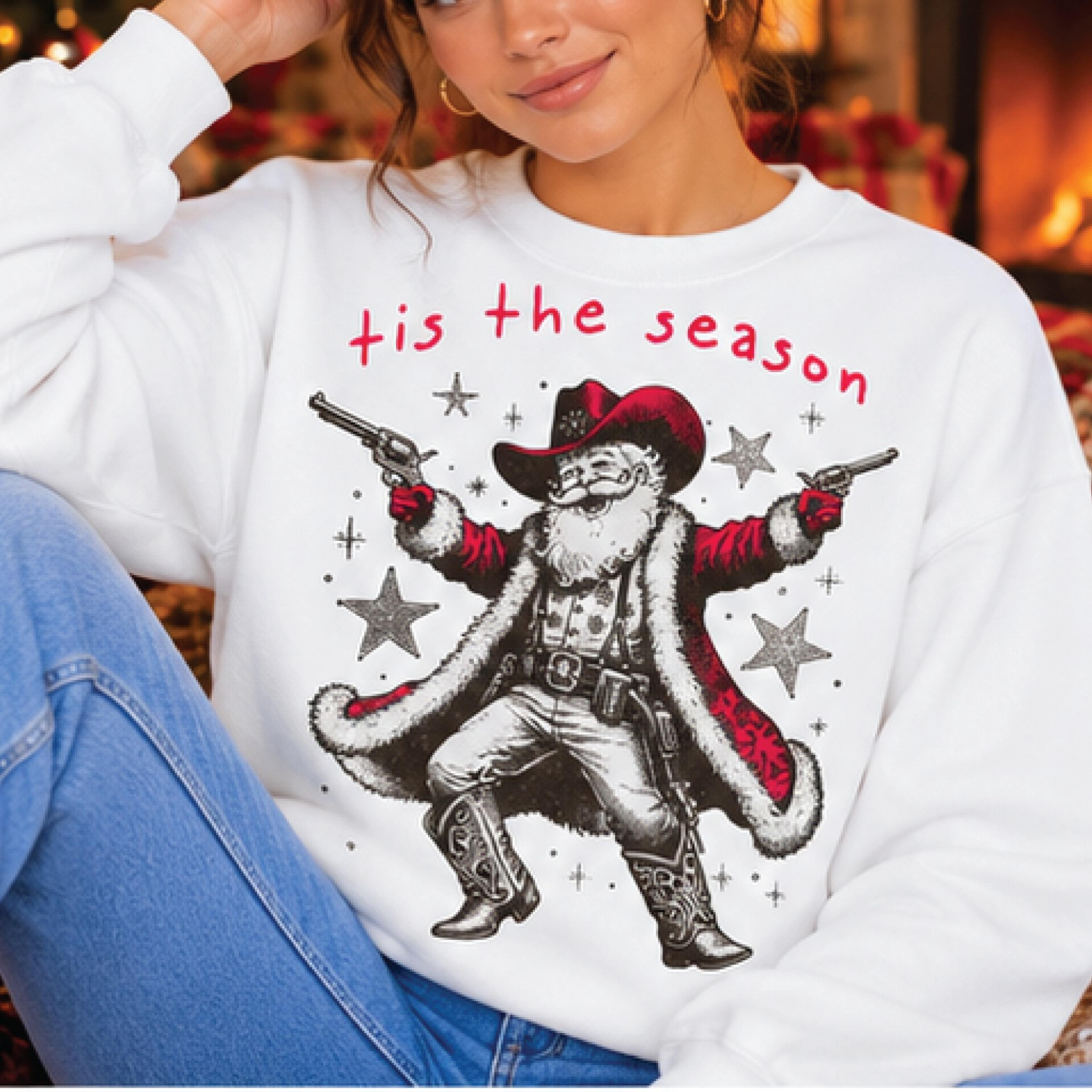 tis the season cowboy santa sweatshirt, western christmas graphic pullover, funny retro santa holiday gift for women