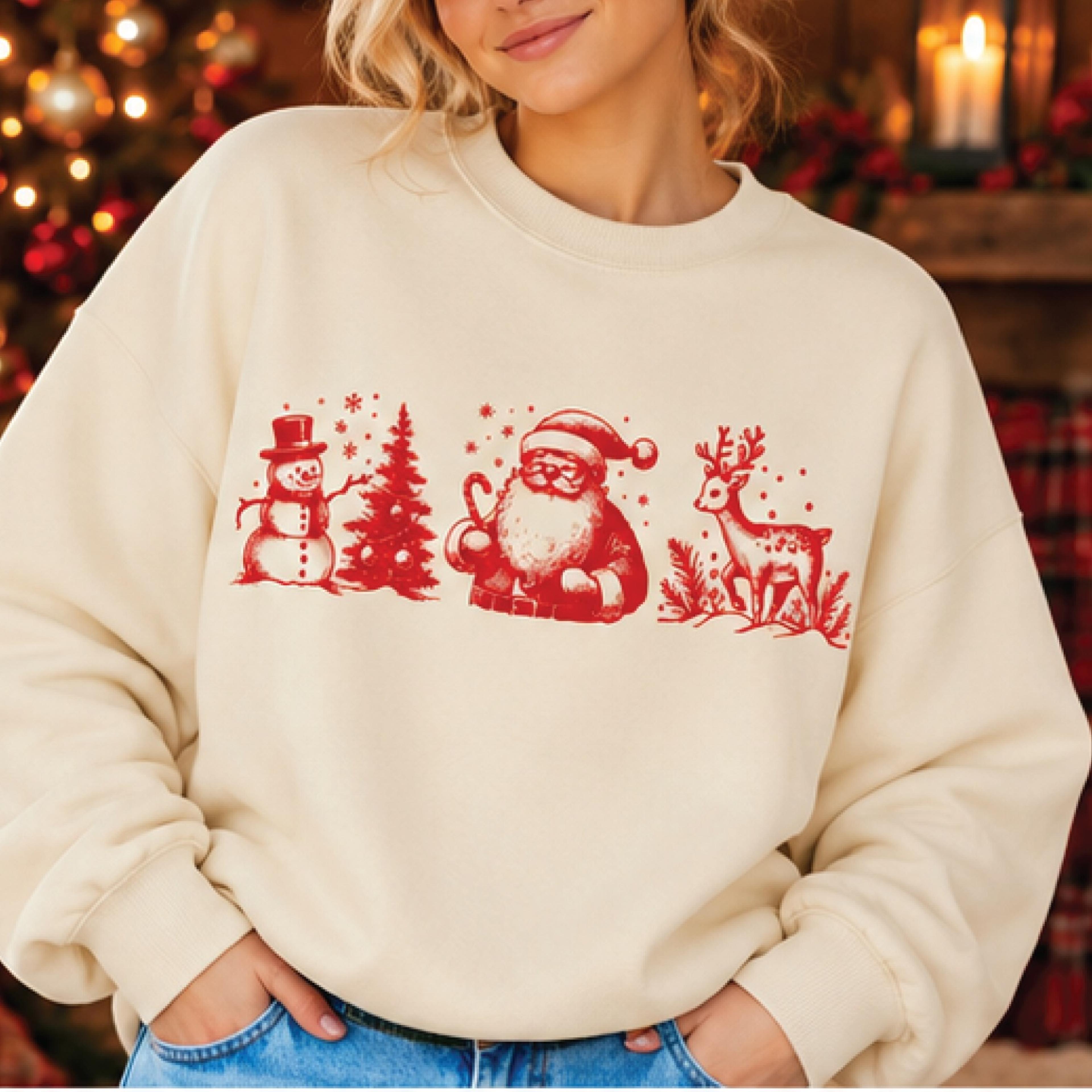 vintage christmas sweatshirt, retro santa snowman reindeer graphic pullover, cute holiday crewneck gift for women
