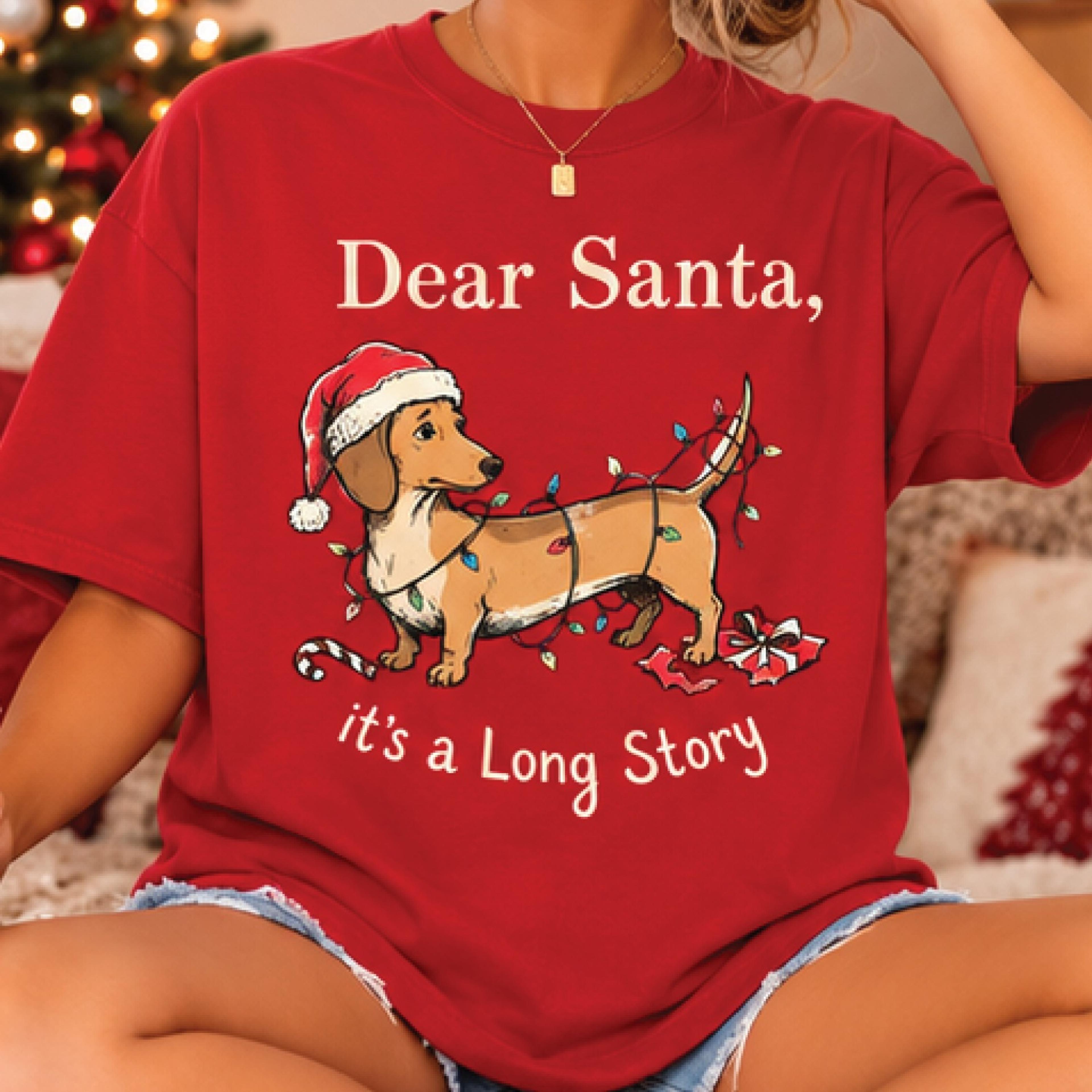 dear santa it's a long story christmas shirt, funny dachshund dog graphic tee, cute wiener dog holiday gift for dog moms