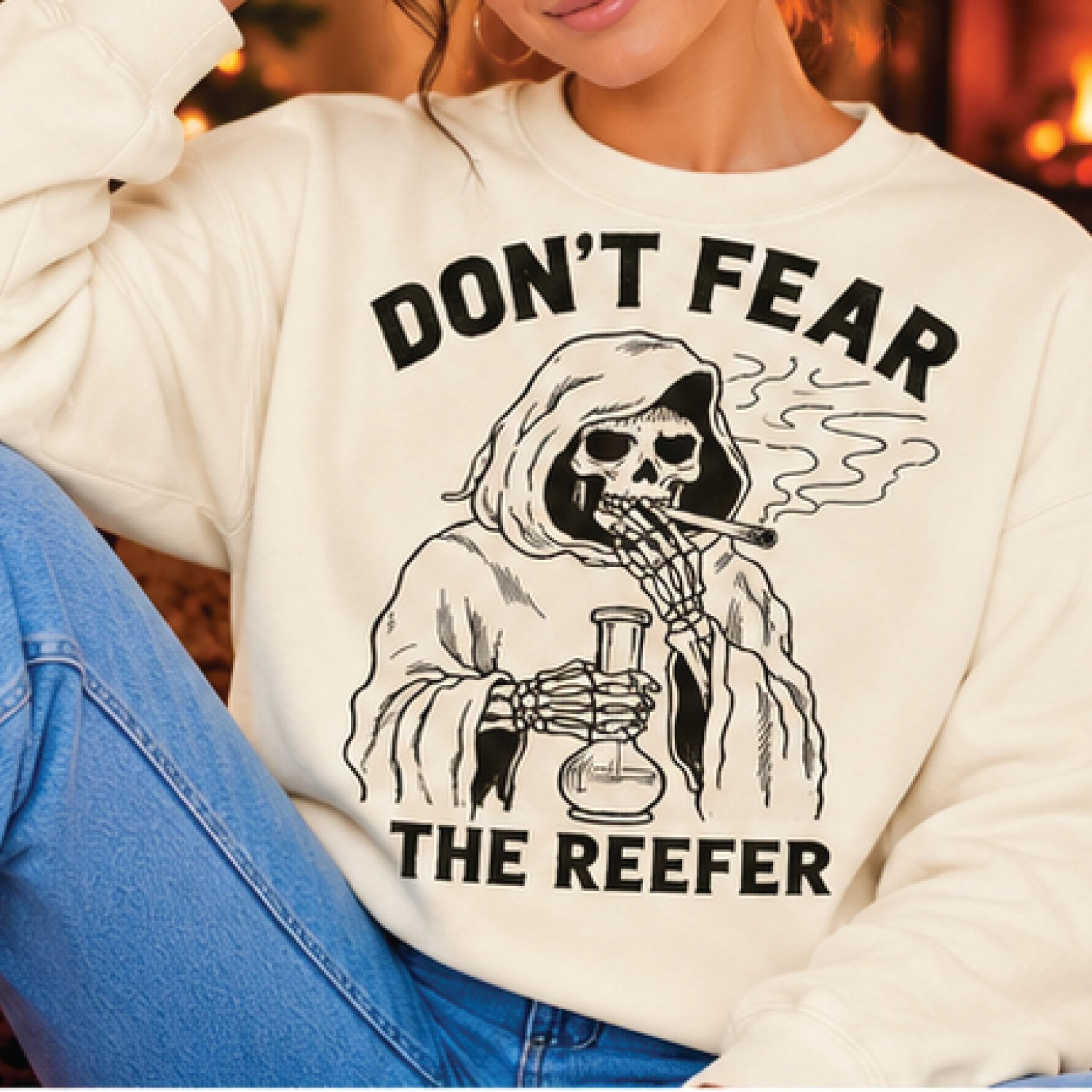 don't fear the reefer sweatshirt, funny grim reaper graphic sweater, retro skeleton halloween pullover, stoner humor