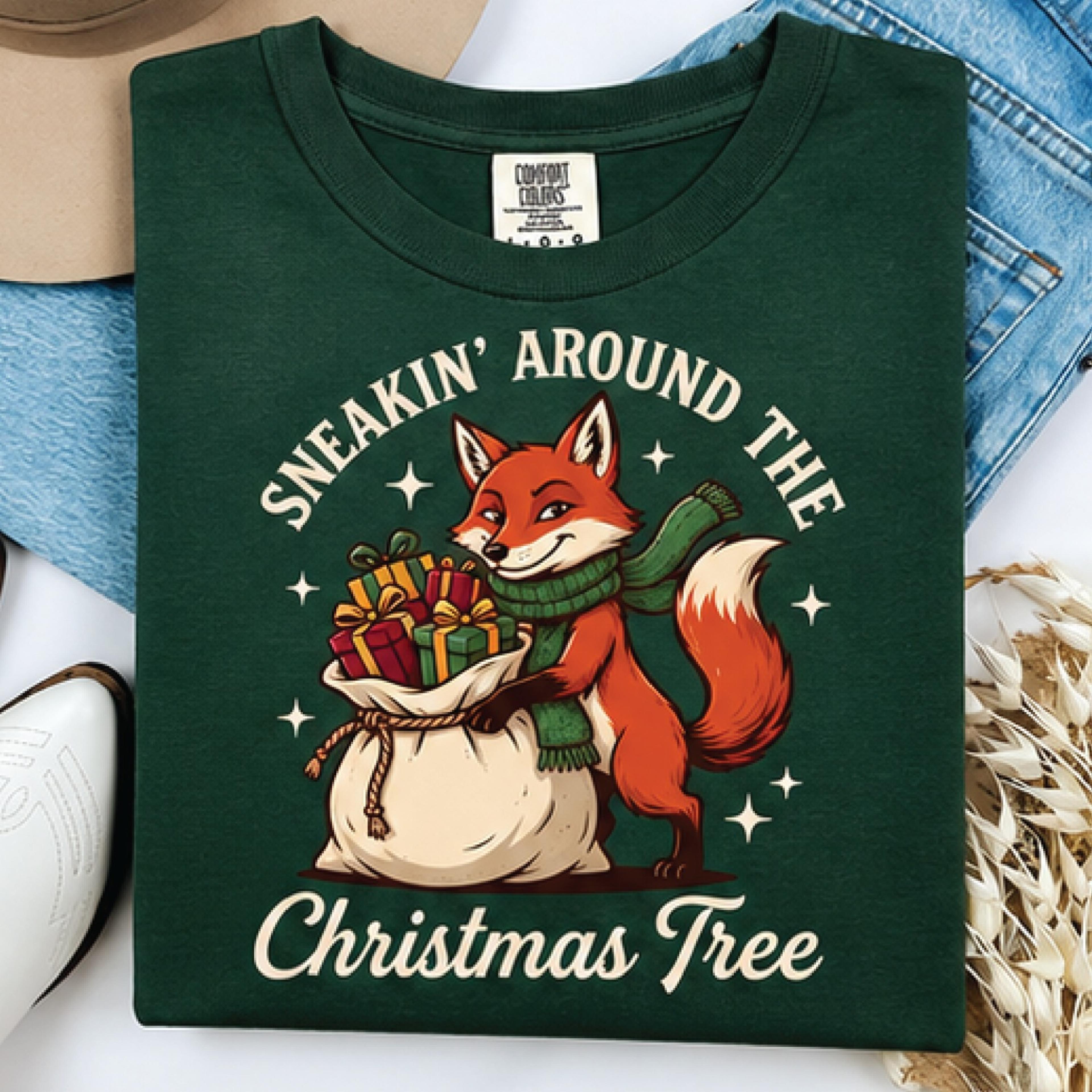 sneakin around the christmas tree shirt, funny christmas fox t-shirt, cute holiday animal graphic tee, fox lover gift