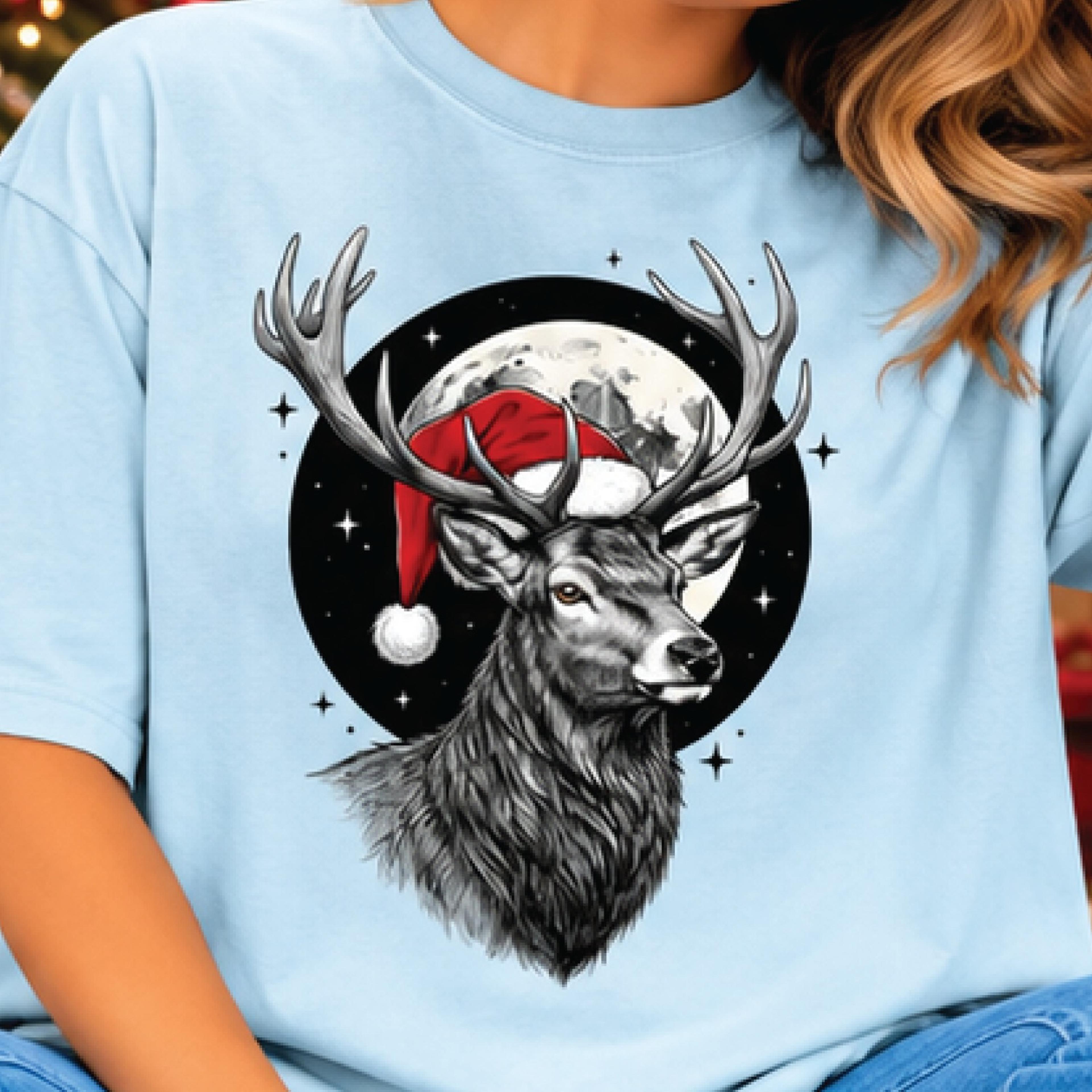 christmas deer shirt, vintage reindeer santa hat t-shirt, winter moon wildlife graphic tee, rustic holiday gift for deer