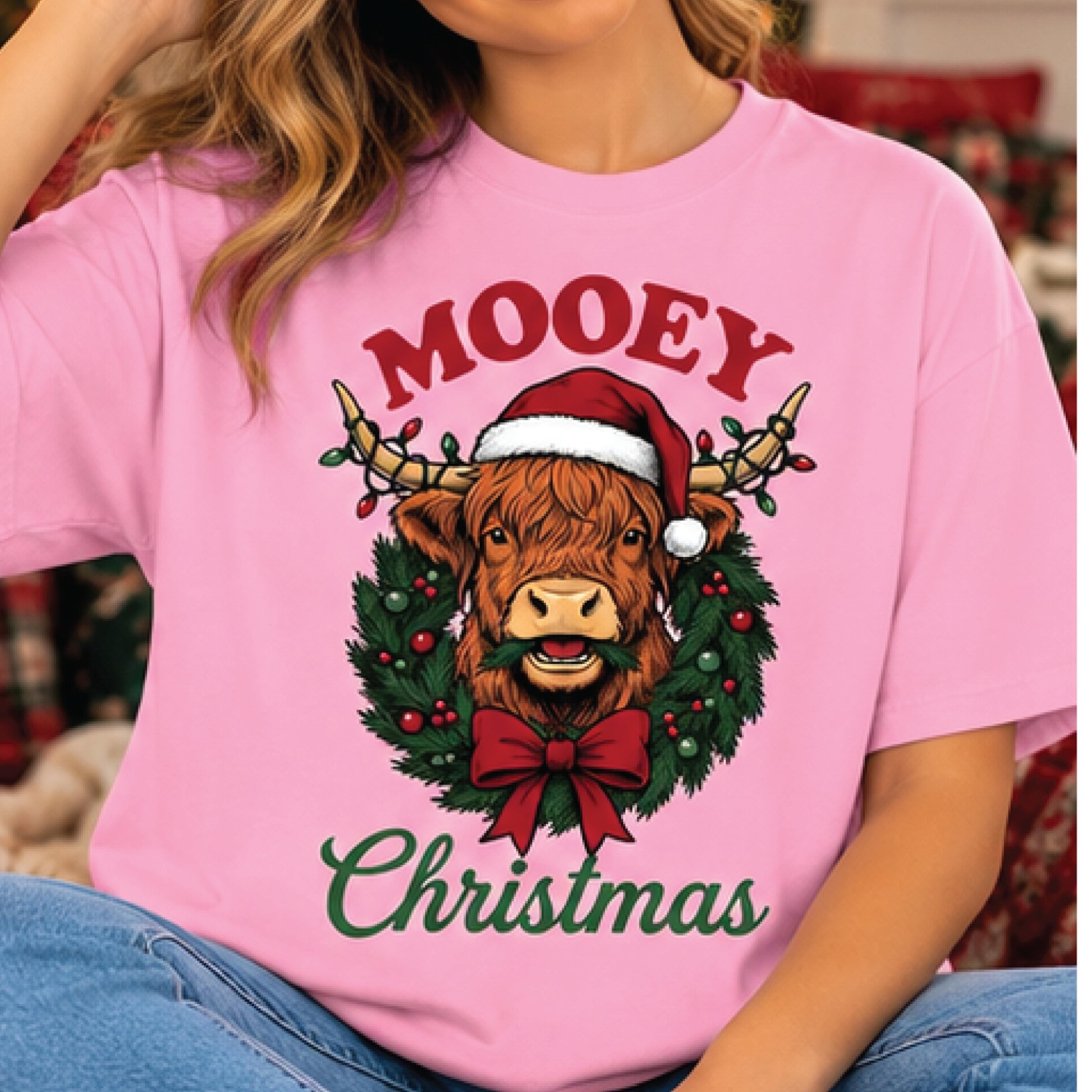 mooey christmas shirt, funny highland cow christmas t-shirt, cute santa cow holiday graphic tee, farmhouse cow lover