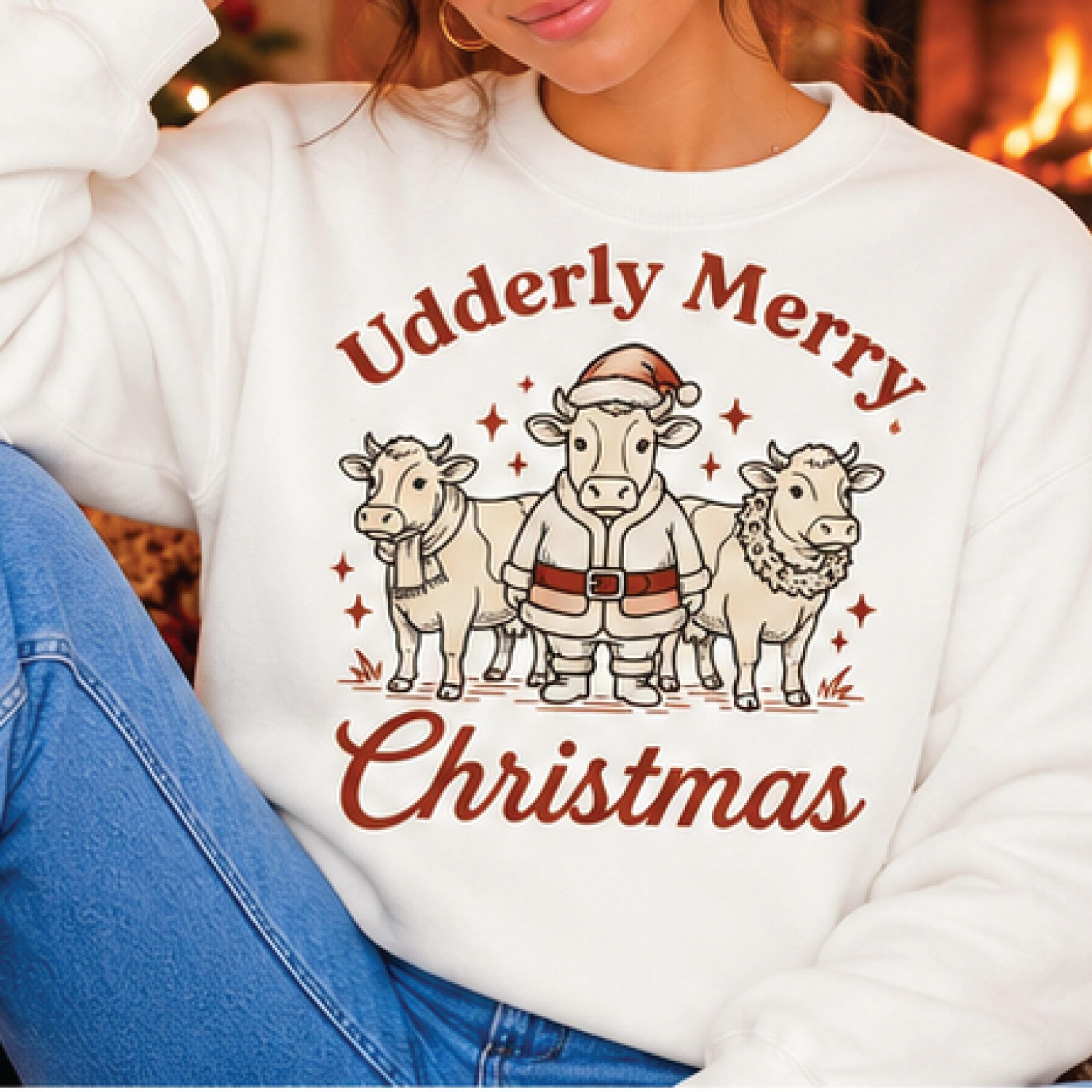 udderly merry christmas sweatshirt, funny christmas cow sweater, cute farm animal holiday pullover, cow lover christmas