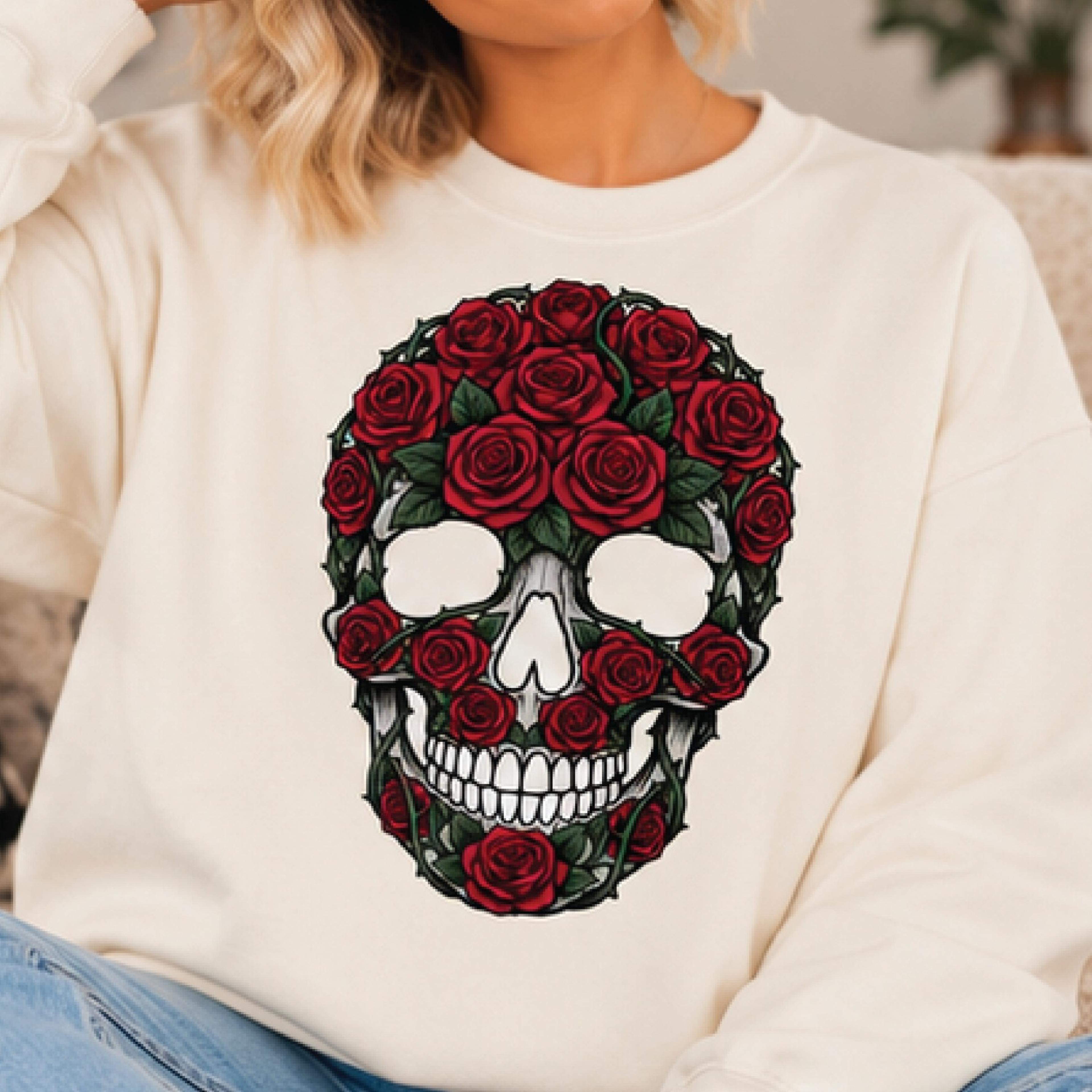 rose skull sweatshirt, gothic floral skull sweater, romantic skeleton graphic pullover, alternative goth fashion gift