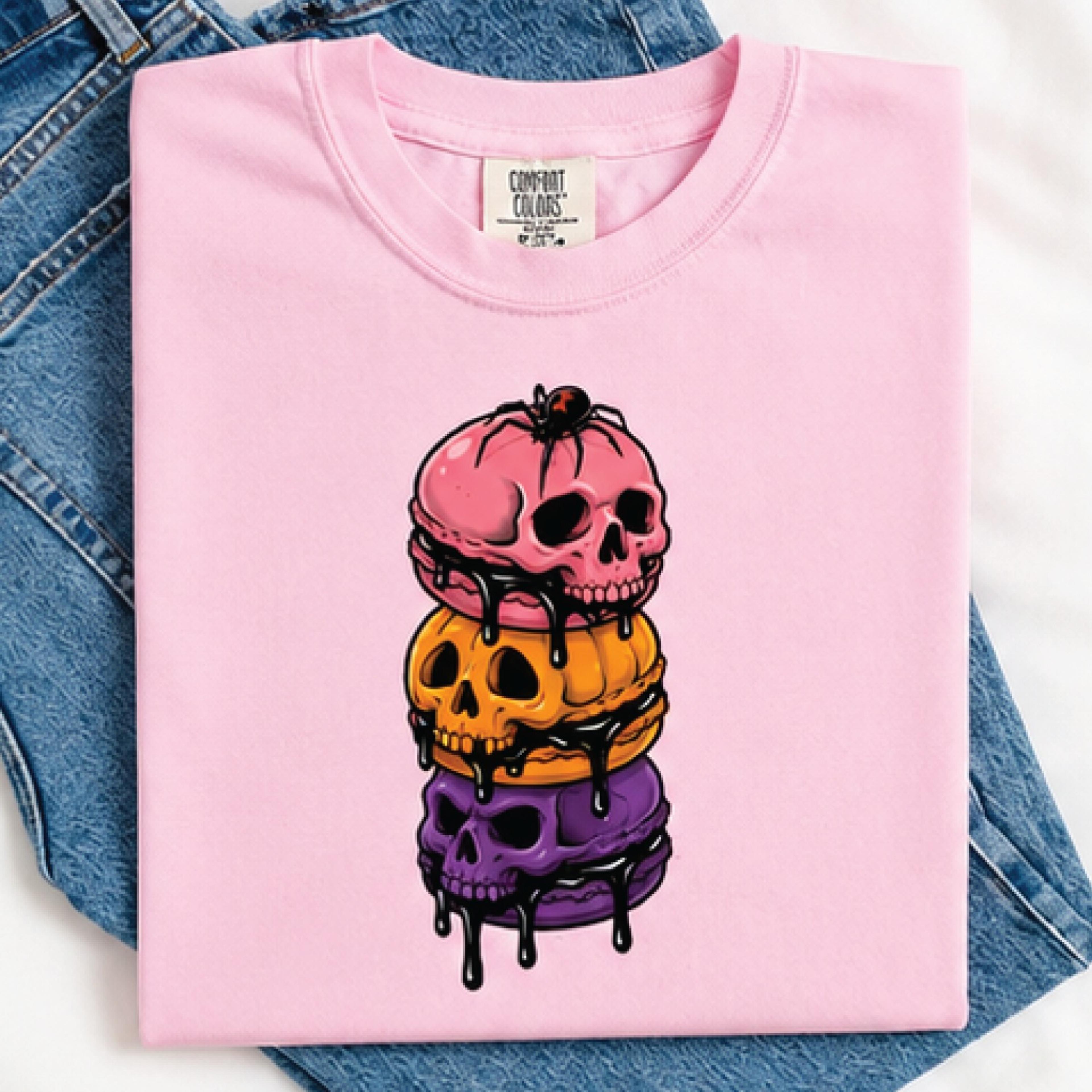 halloween skull macaron shirt, spooky skeleton dessert graphic tee, gothic sweet treat t-shirt, cute creepy halloween
