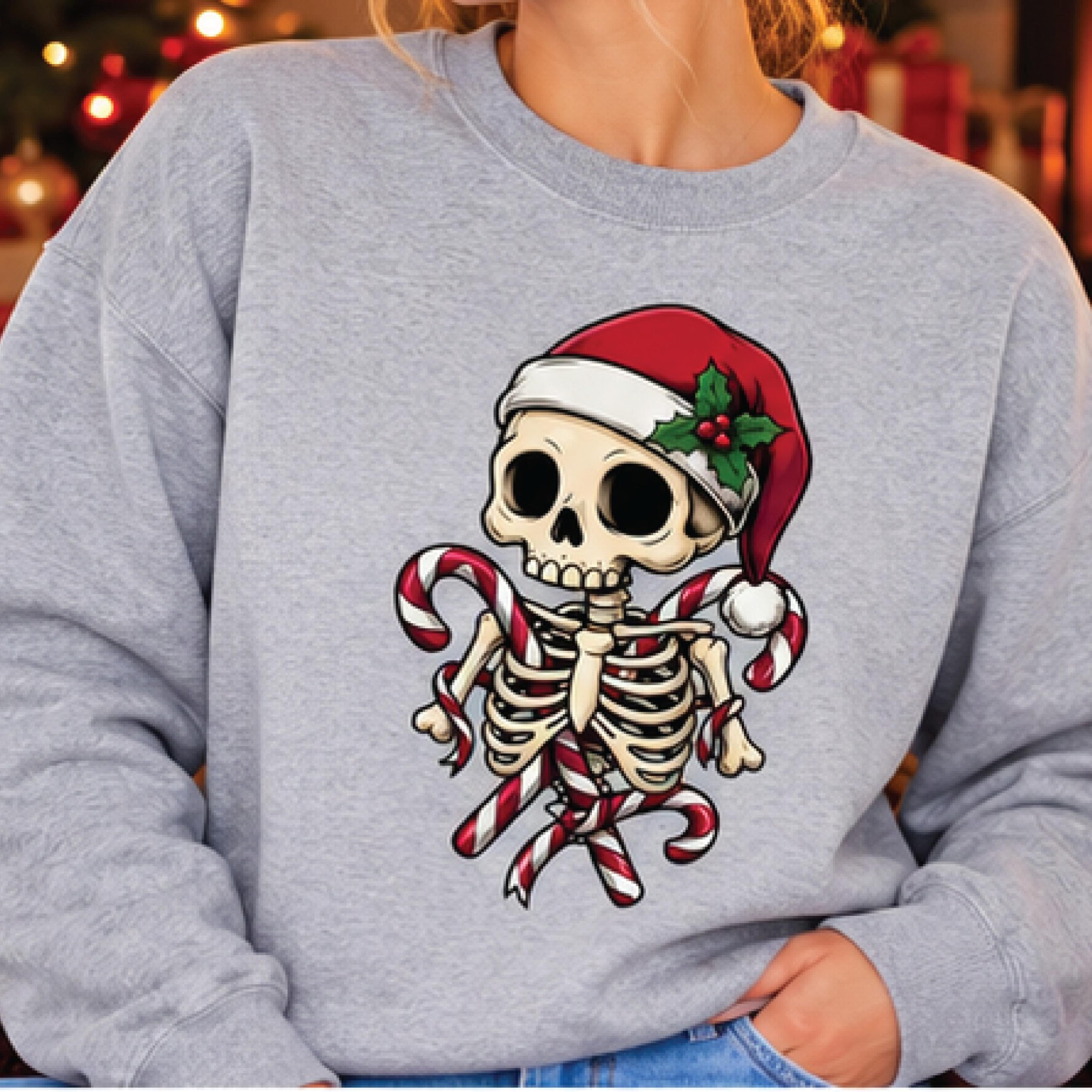 christmas skeleton sweatshirt, cute santa skull candy cane sweater, funny spooky christmas pullover, skeleton lover gift