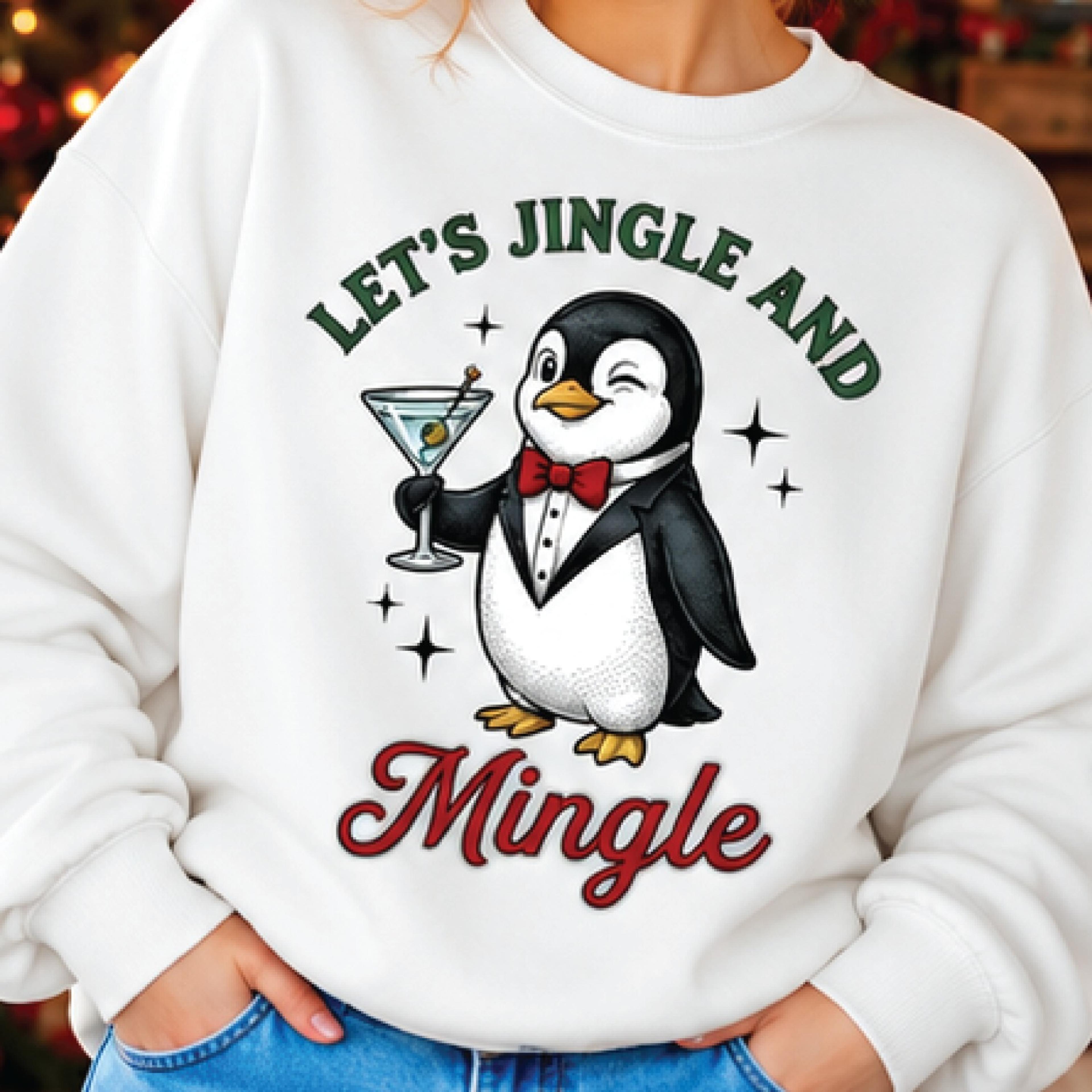 let's jingle and mingle christmas sweatshirt, cute penguin cocktail holiday sweater, funny festive party pullover, xmas
