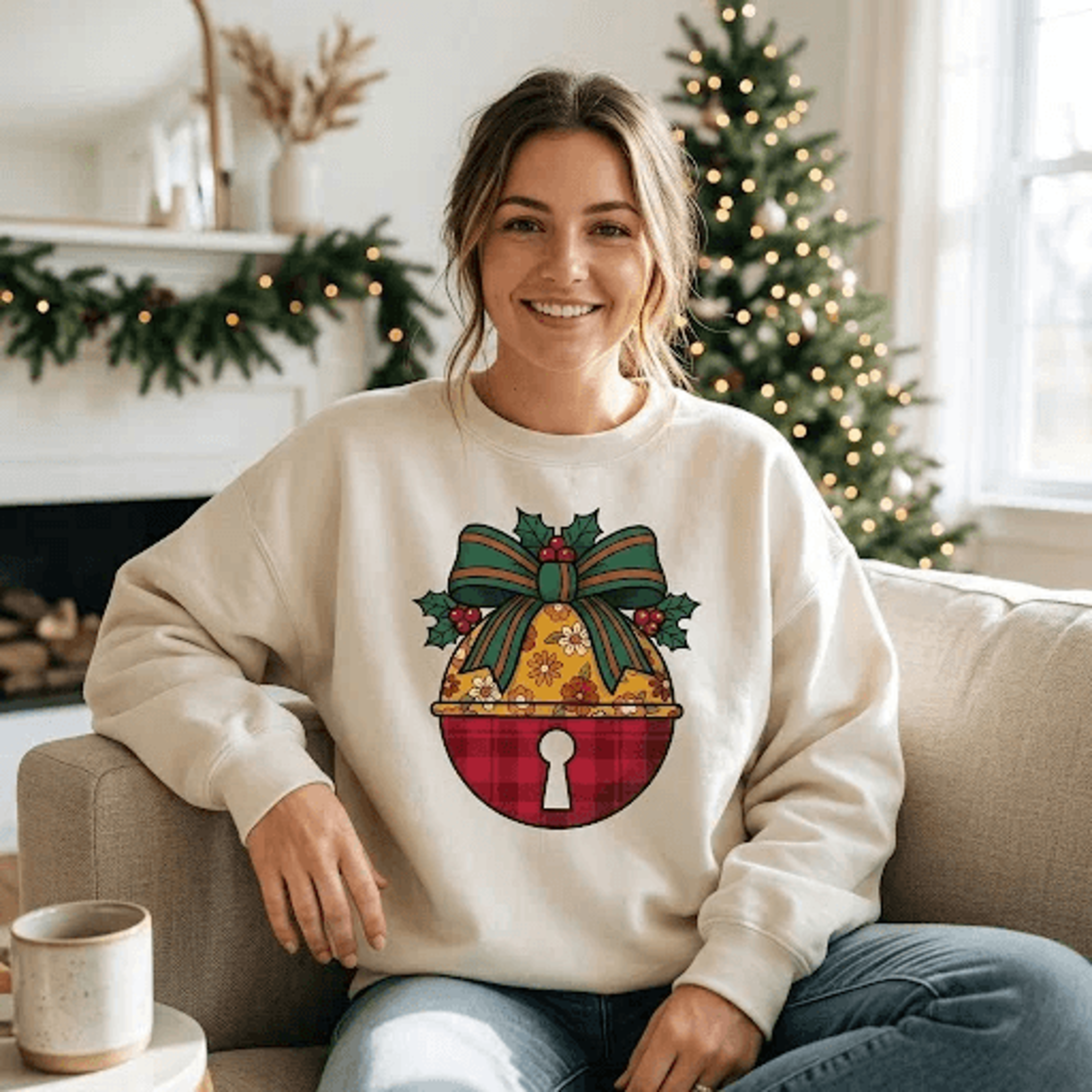christmas jingle bell sweatshirt, vintage holiday bow graphic crewneck, festive plaid bell shirt, cute christmas gift