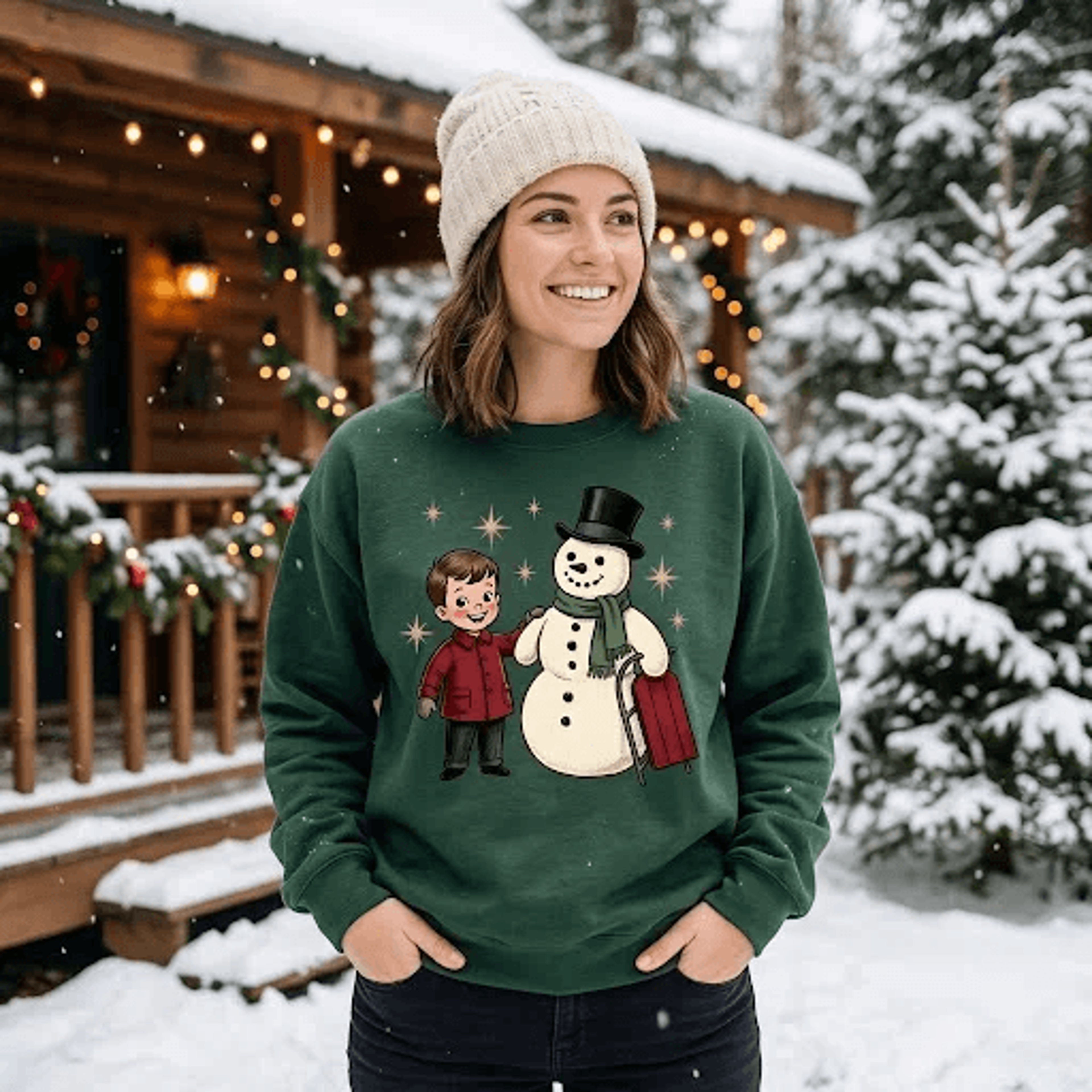 vintage snowman christmas sweatshirt, cute boy and snowman holiday graphic crewneck, retro winter wonderland christmas g