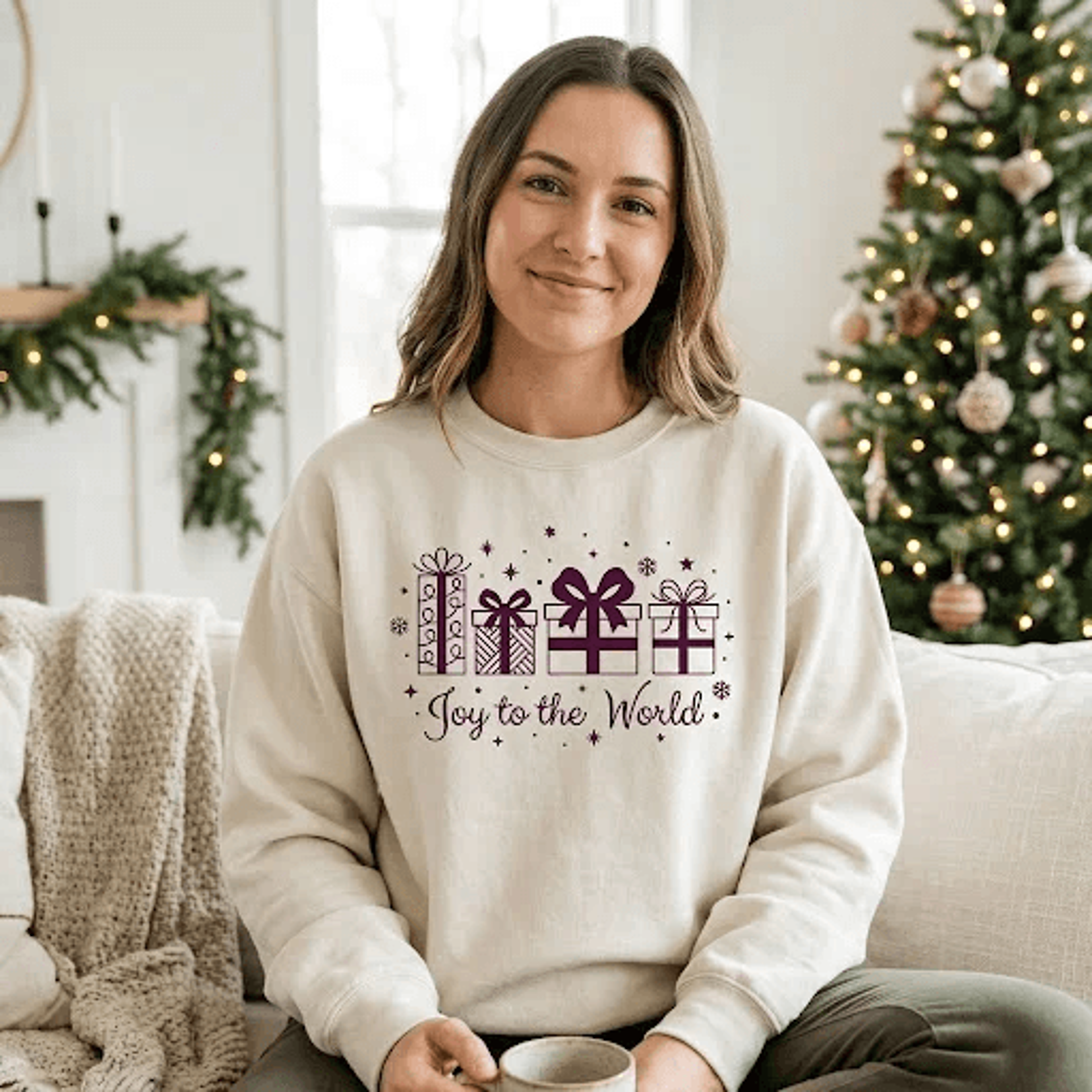 joy to the world christmas sweatshirt, festive gift boxes holiday crewneck, cute christmas presents graphic sweater gift
