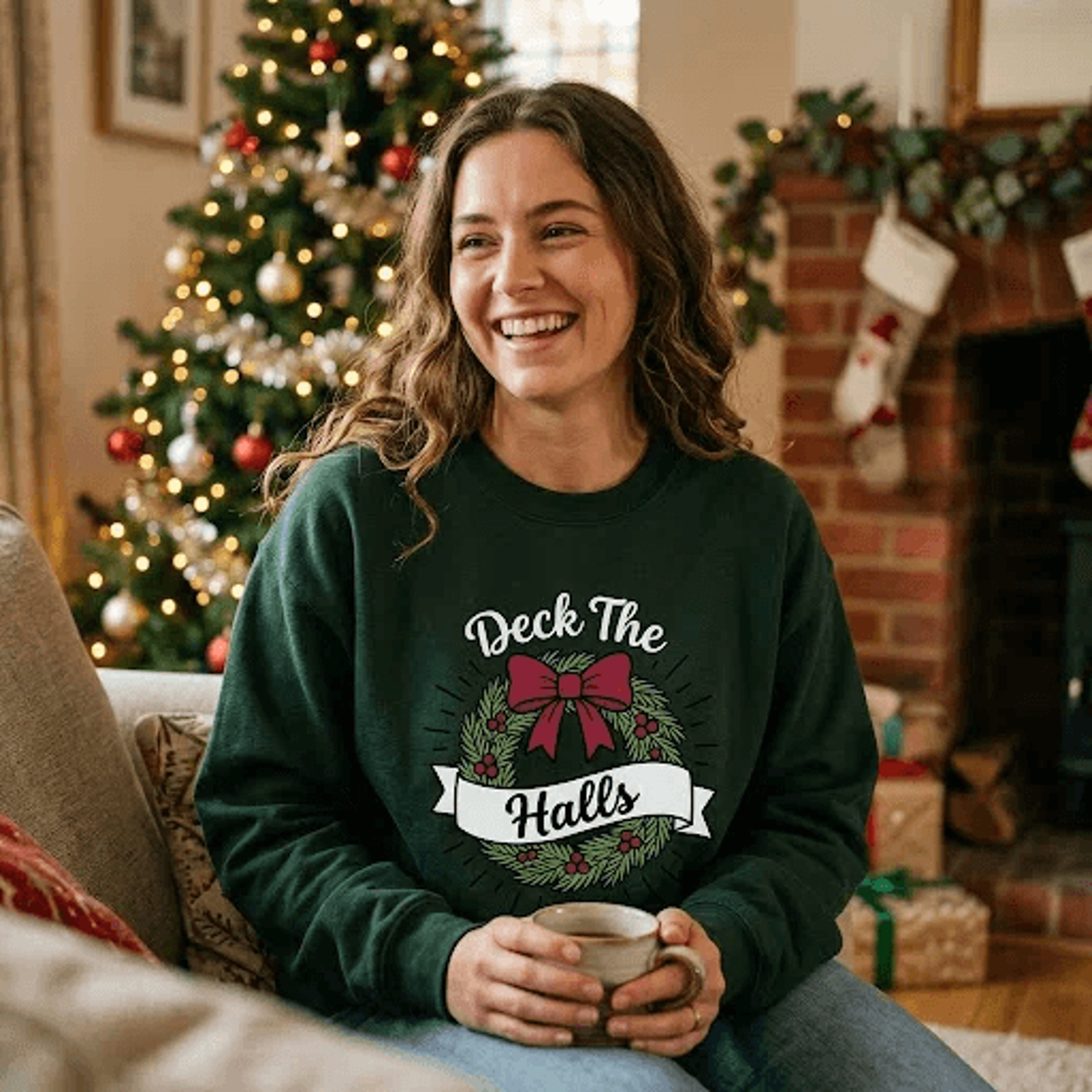 deck the halls christmas sweatshirt, festive wreath and bow graphic crewneck, vintage holiday sweater, cozy xmas gift