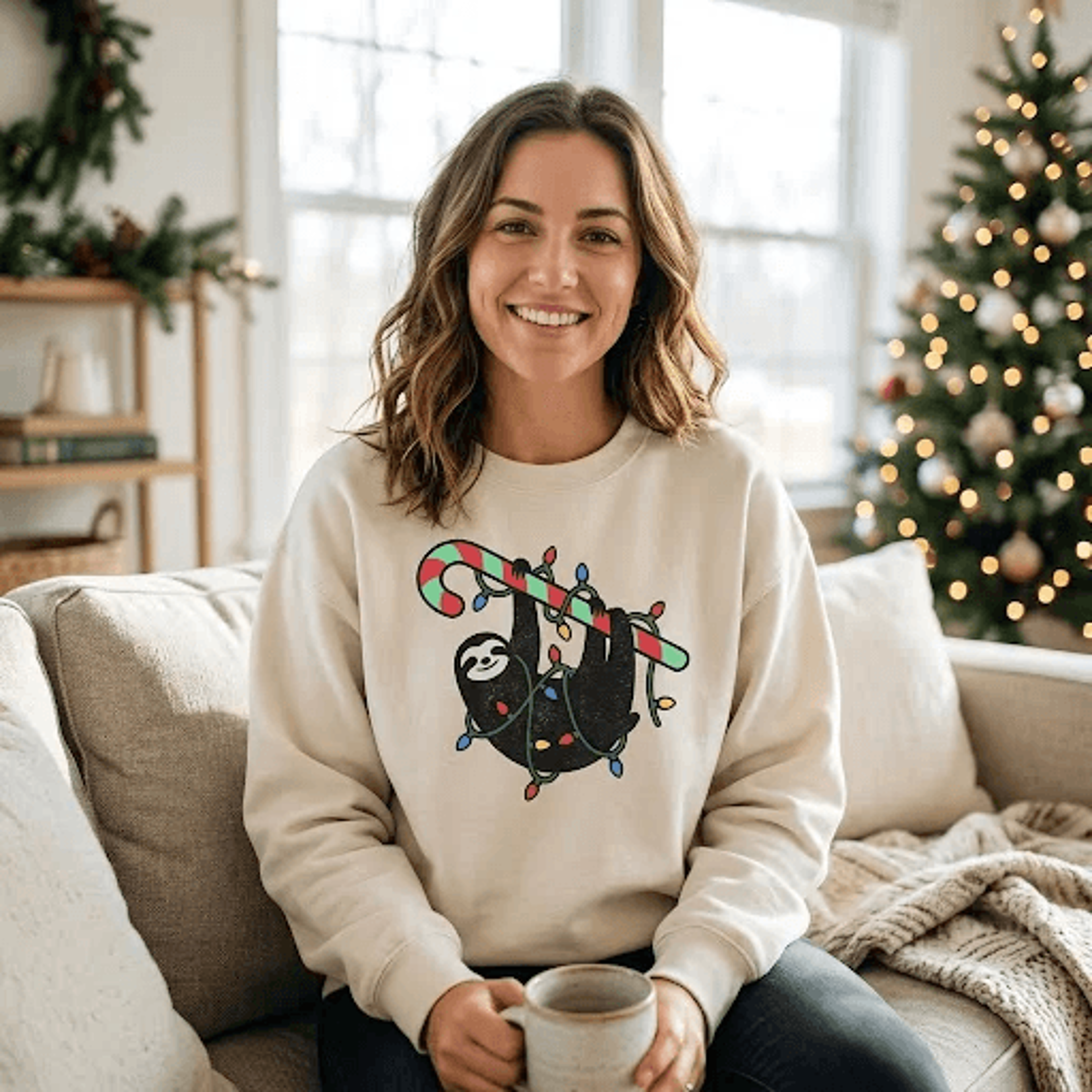 christmas sloth sweatshirt, cute hanging sloth with candy cane and holiday lights, funny festive animal crewneck, xmas