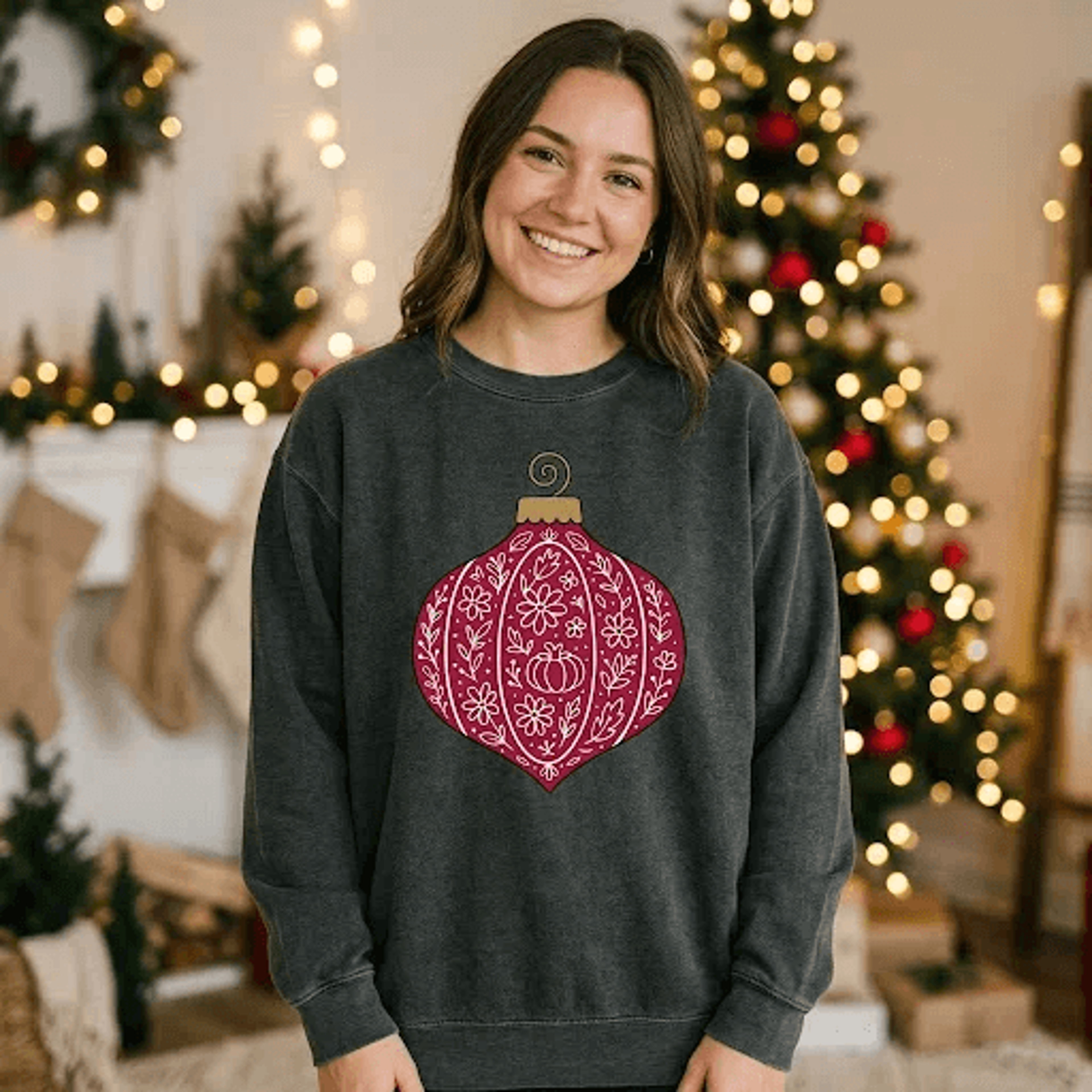 vintage christmas ornament sweatshirt, floral bauble graphic crewneck, retro holiday sweater, festive winter gift