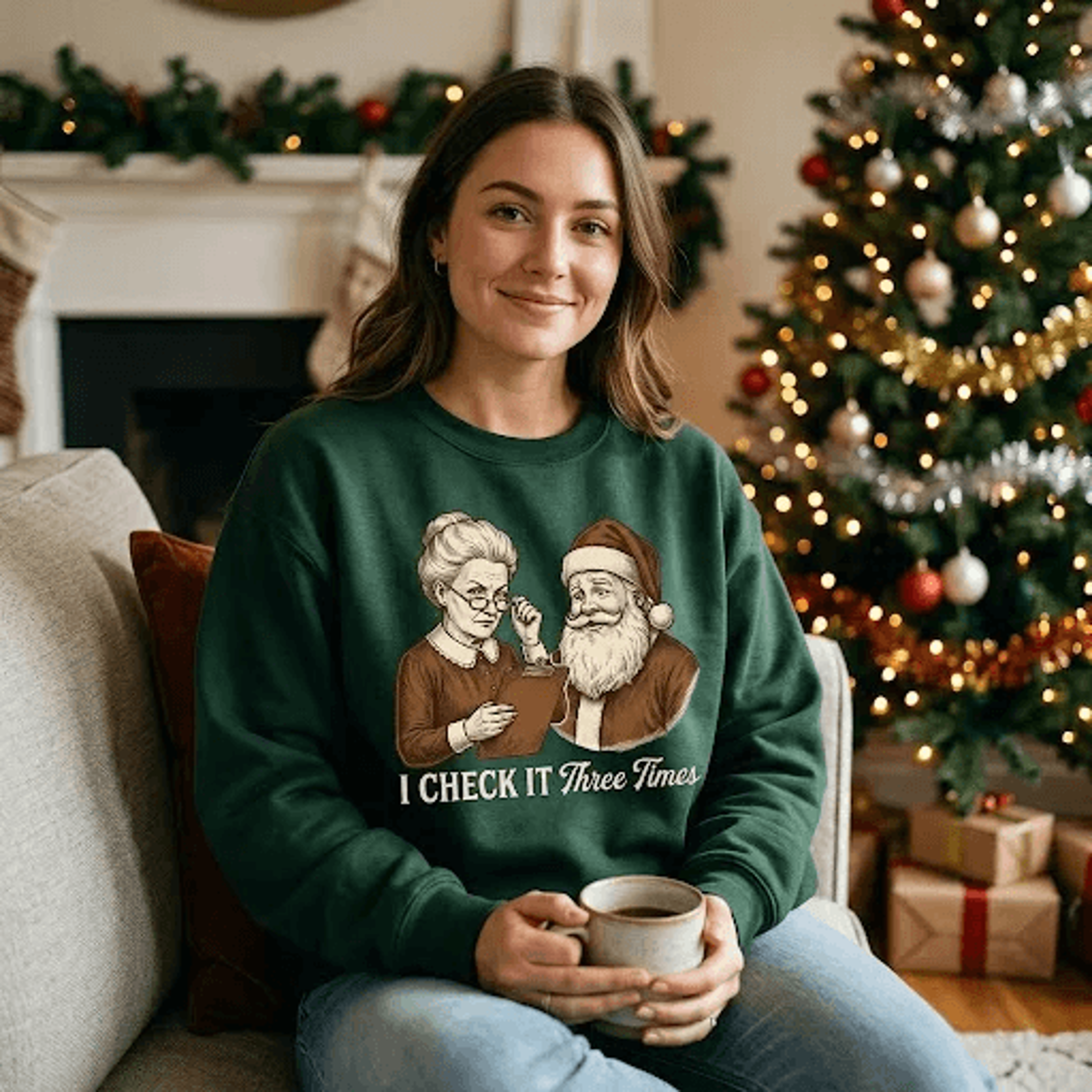i check it three times christmas sweatshirt, funny santa and mrs claus graphic crewneck, vintage holiday humor sweater,
