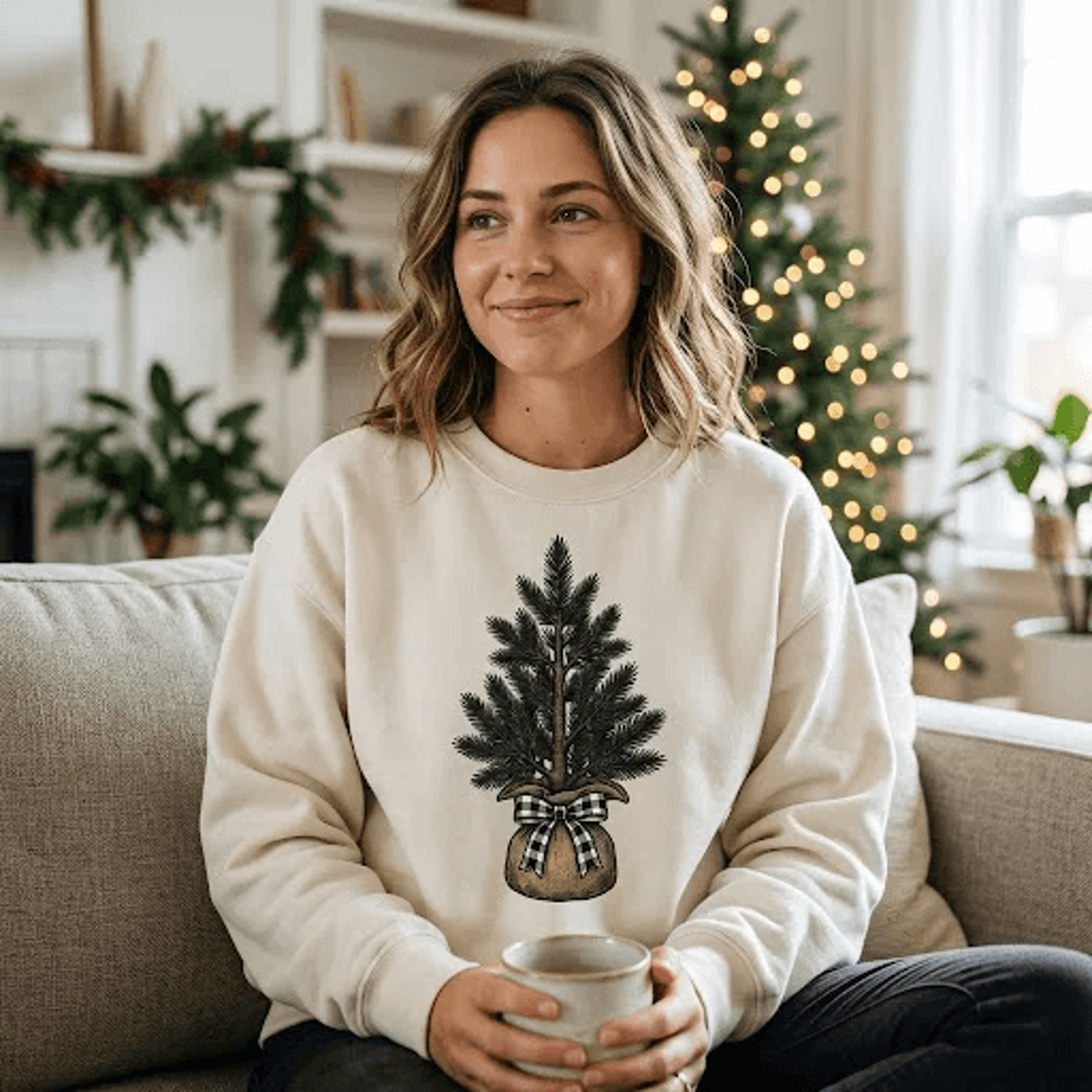 rustic christmas tree sweatshirt, vintage evergreen pine tree in burlap sack graphic crewneck, farmhouse holiday gift