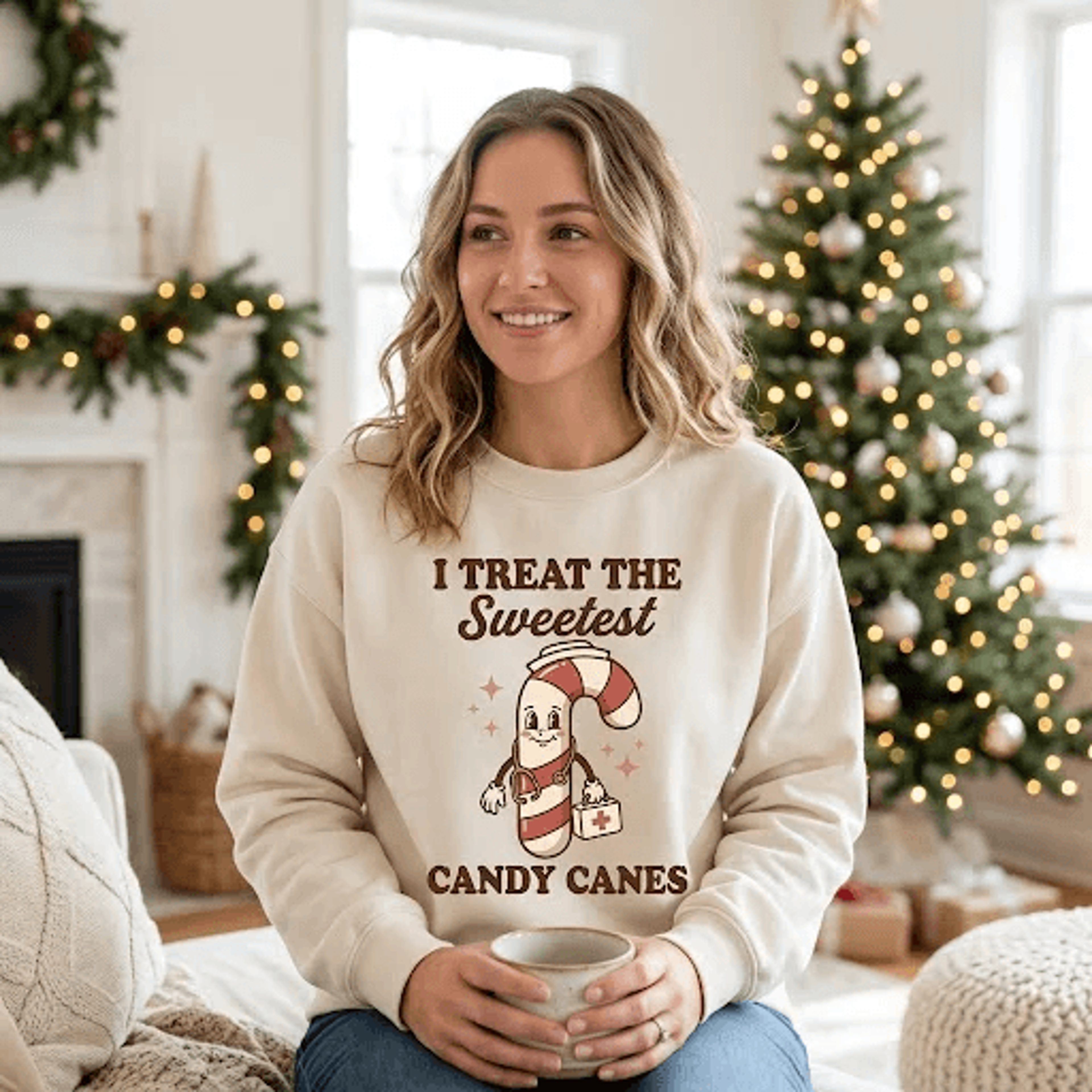 i treat the sweetest candy canes christmas sweatshirt, cute candy cane santa hat graphic crewneck, funny holiday gift