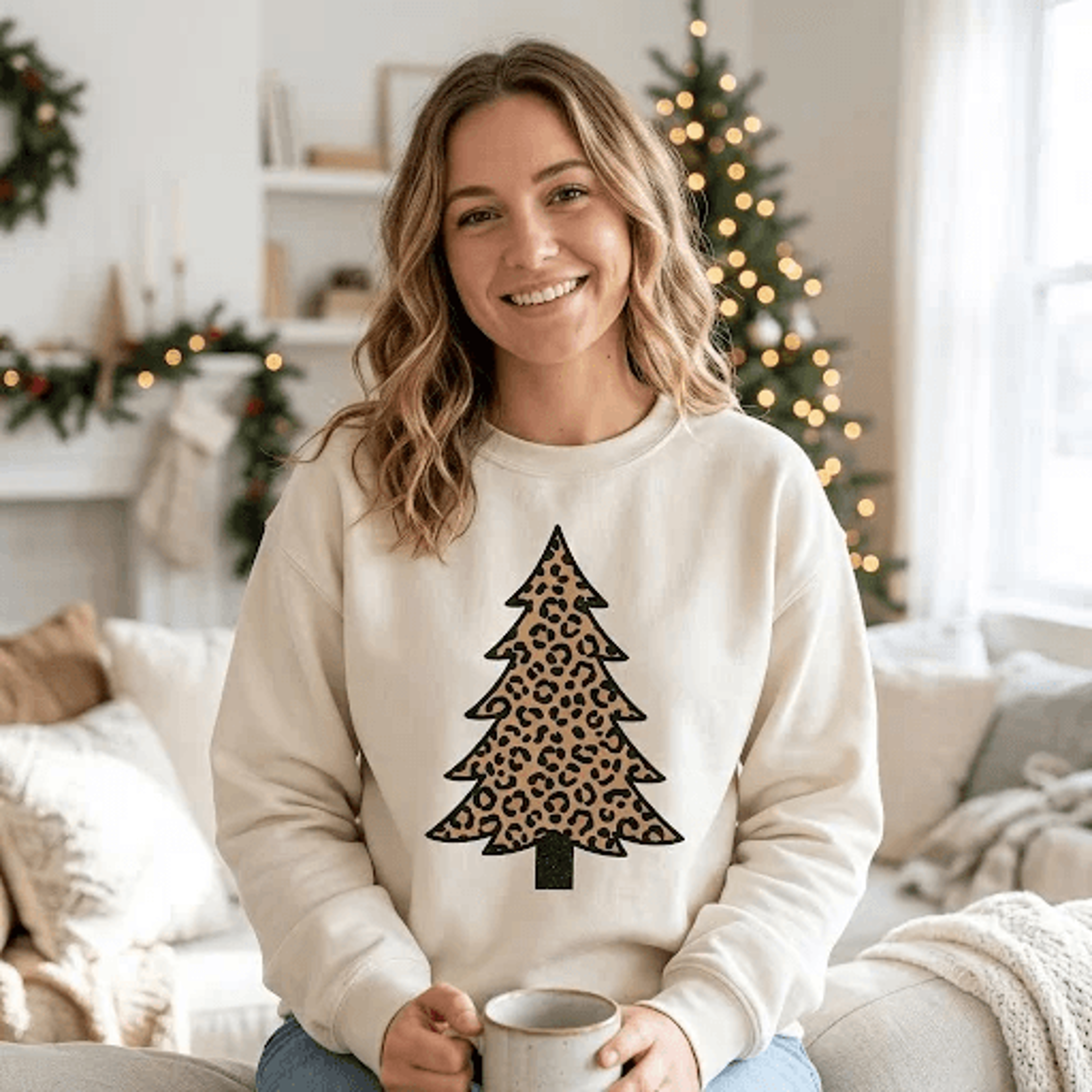 leopard print christmas tree sweatshirt, trendy holiday crewneck, cozy xmas pullover, festive winter gift for women