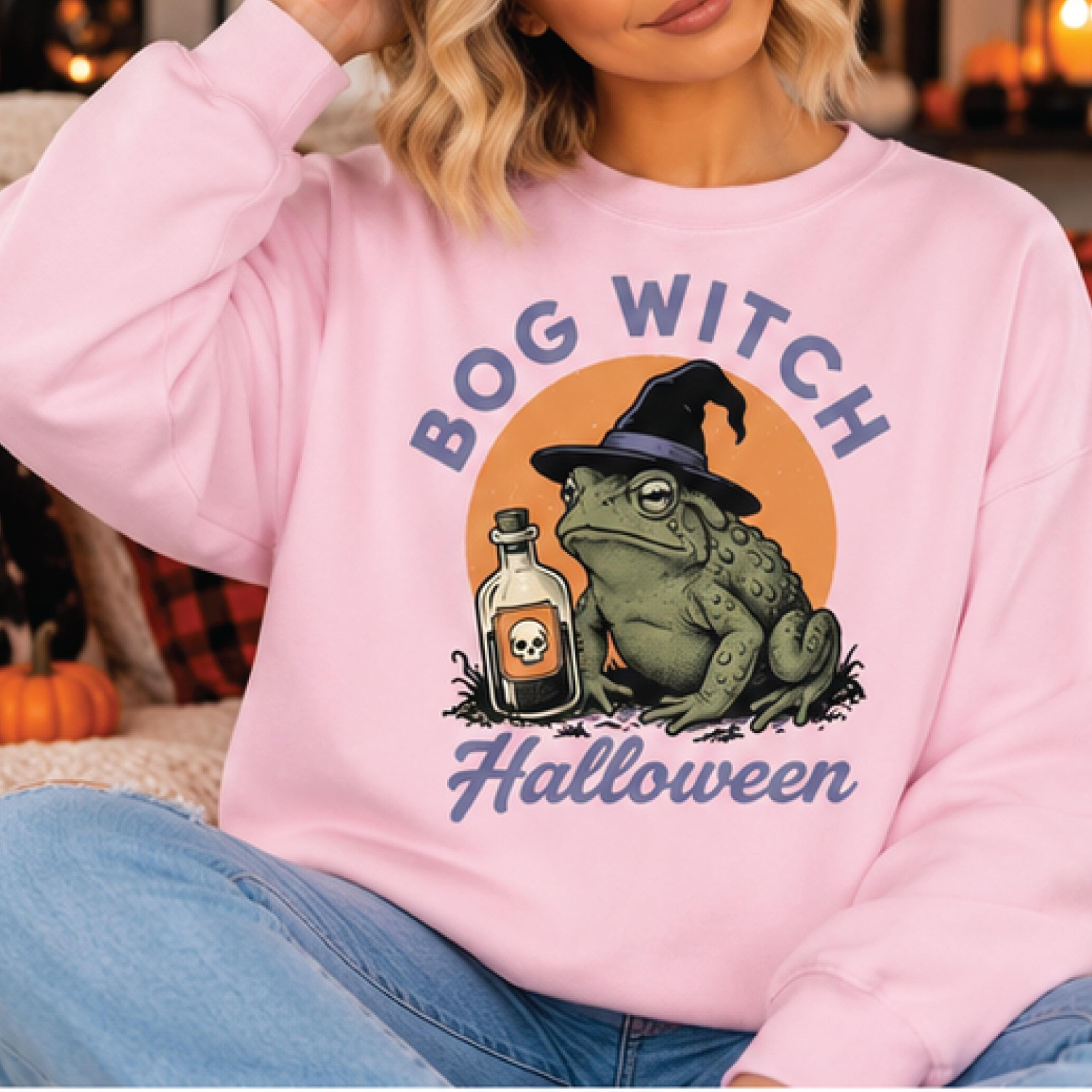 bog witch halloween sweatshirt, funny witch frog graphic crewneck, spooky season pullover, vintage halloween gift