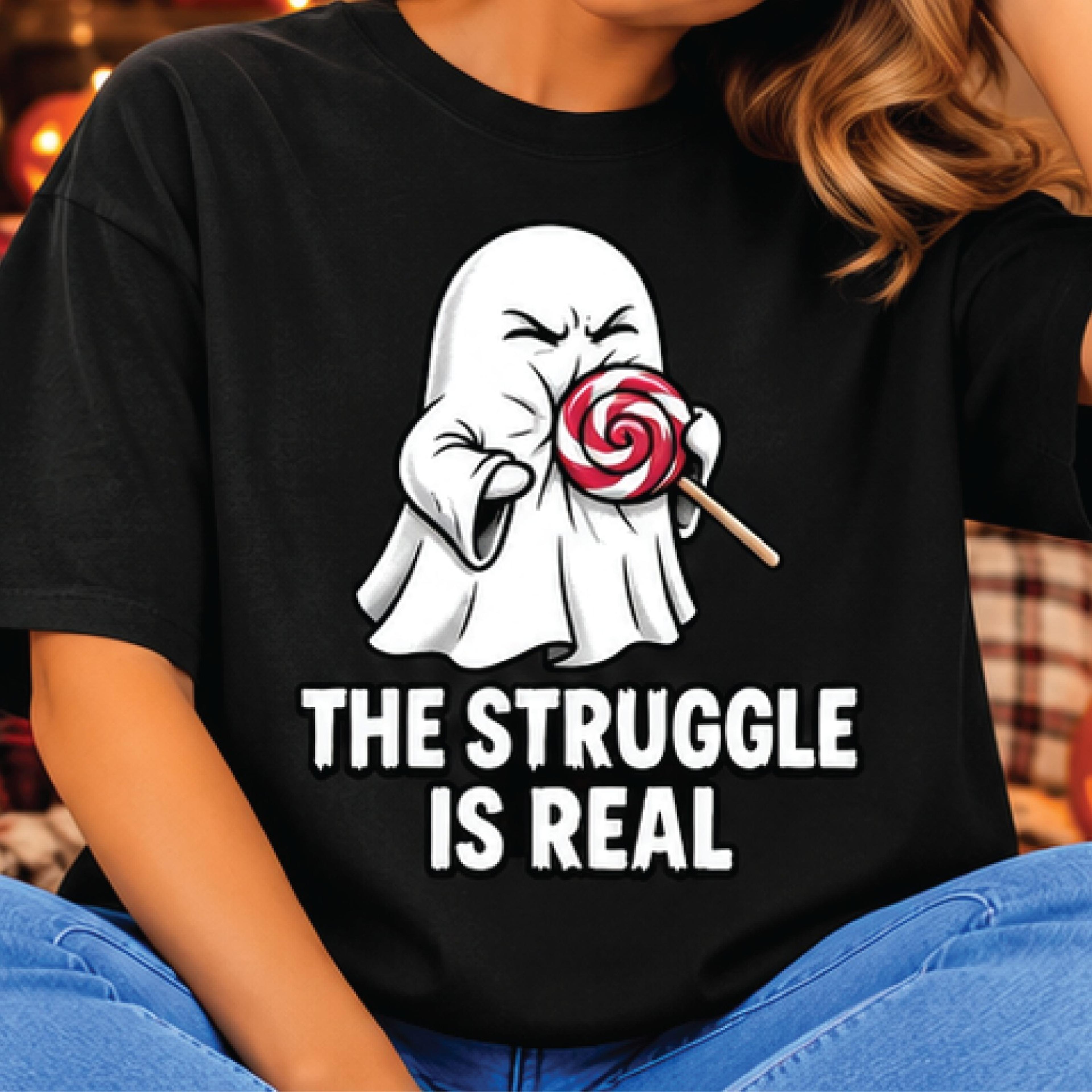 the struggle is real ghost halloween shirt, funny lollipop ghost graphic tee, cute spooky season t shirt, halloween gift
