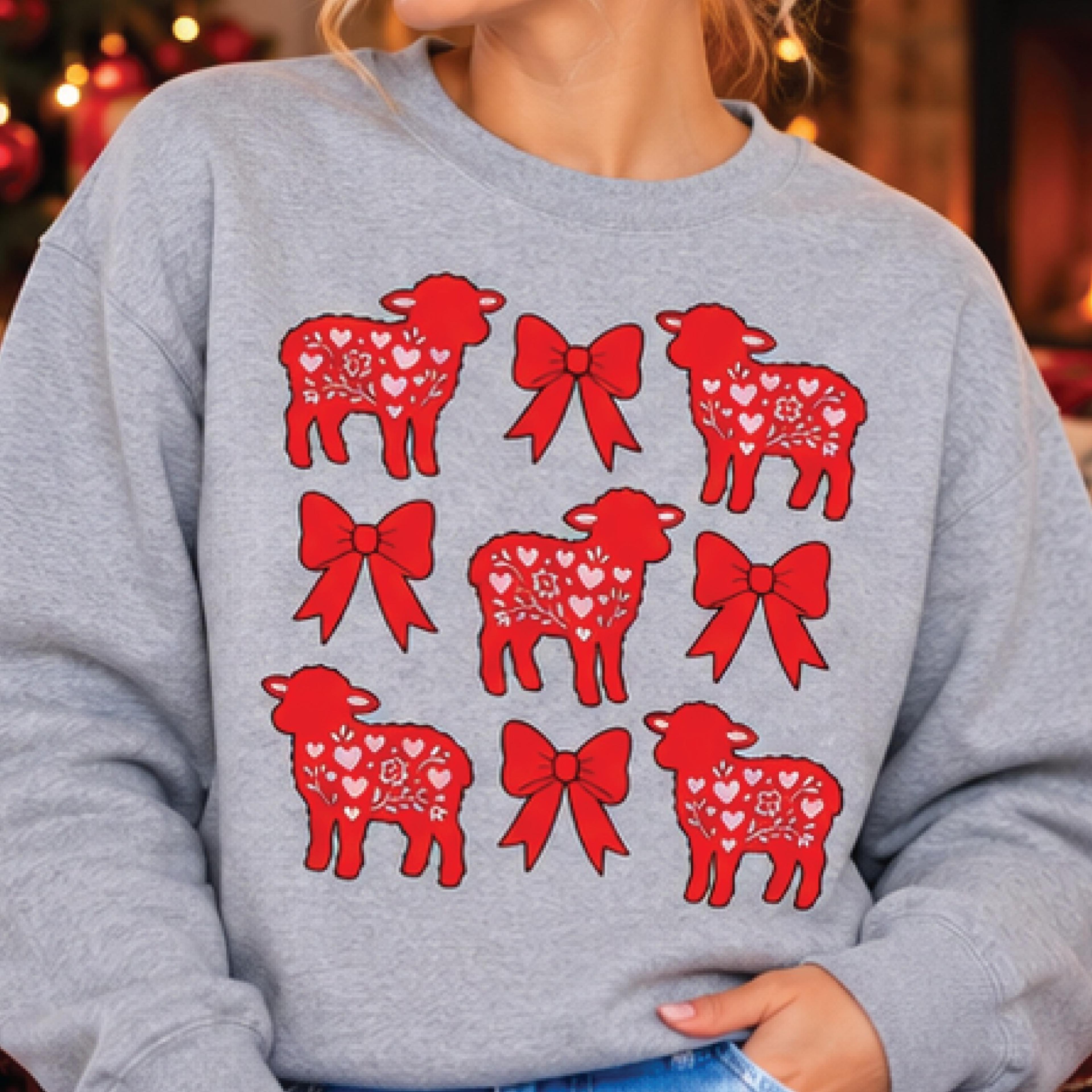 cute lamb bow sweatshirt, coquette sheep graphic crewneck, farm animal lover pullover, cottagecore aesthetic gift