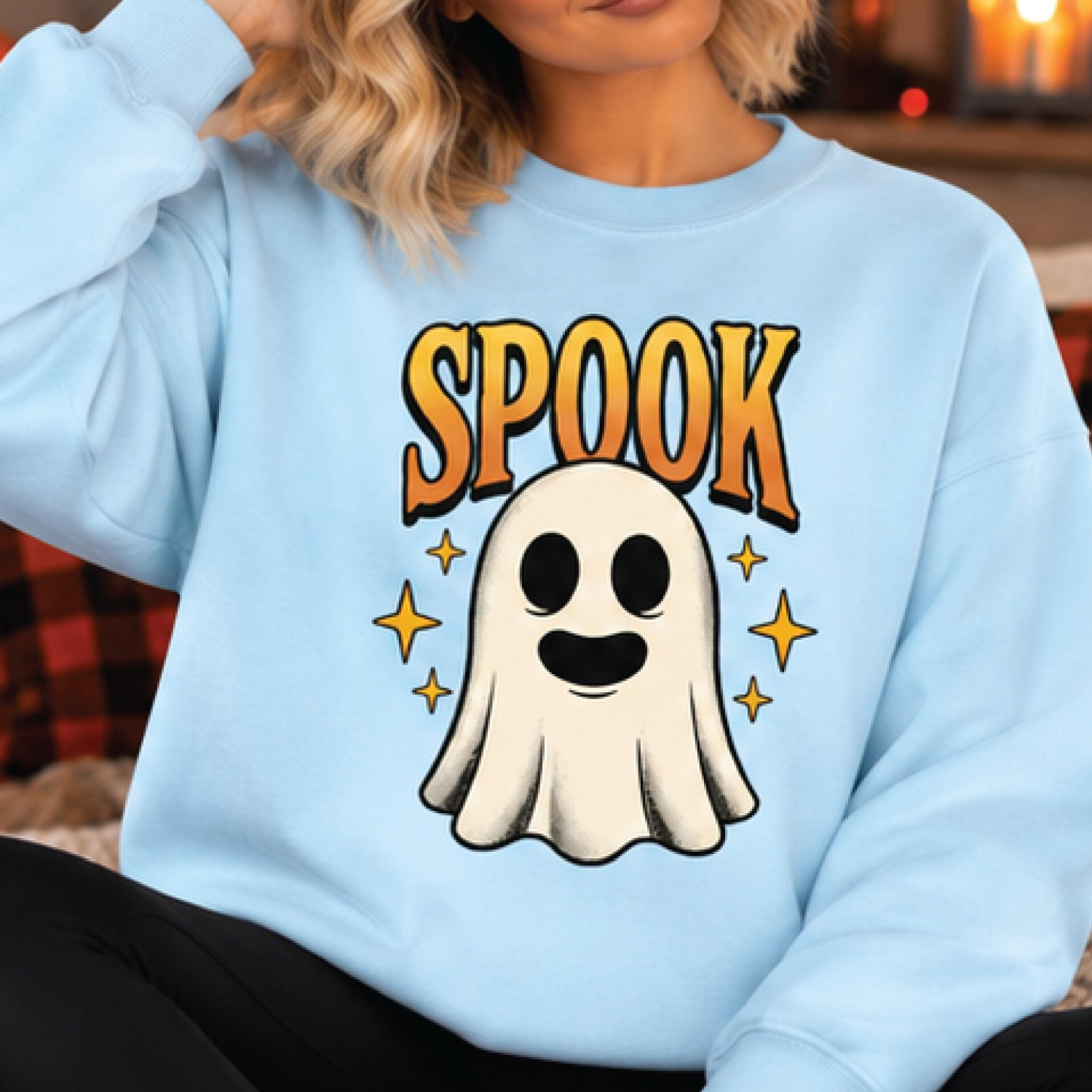 spook ghost halloween sweatshirt, cute smiling ghost graphic crewneck, retro spooky season pullover, halloween gift