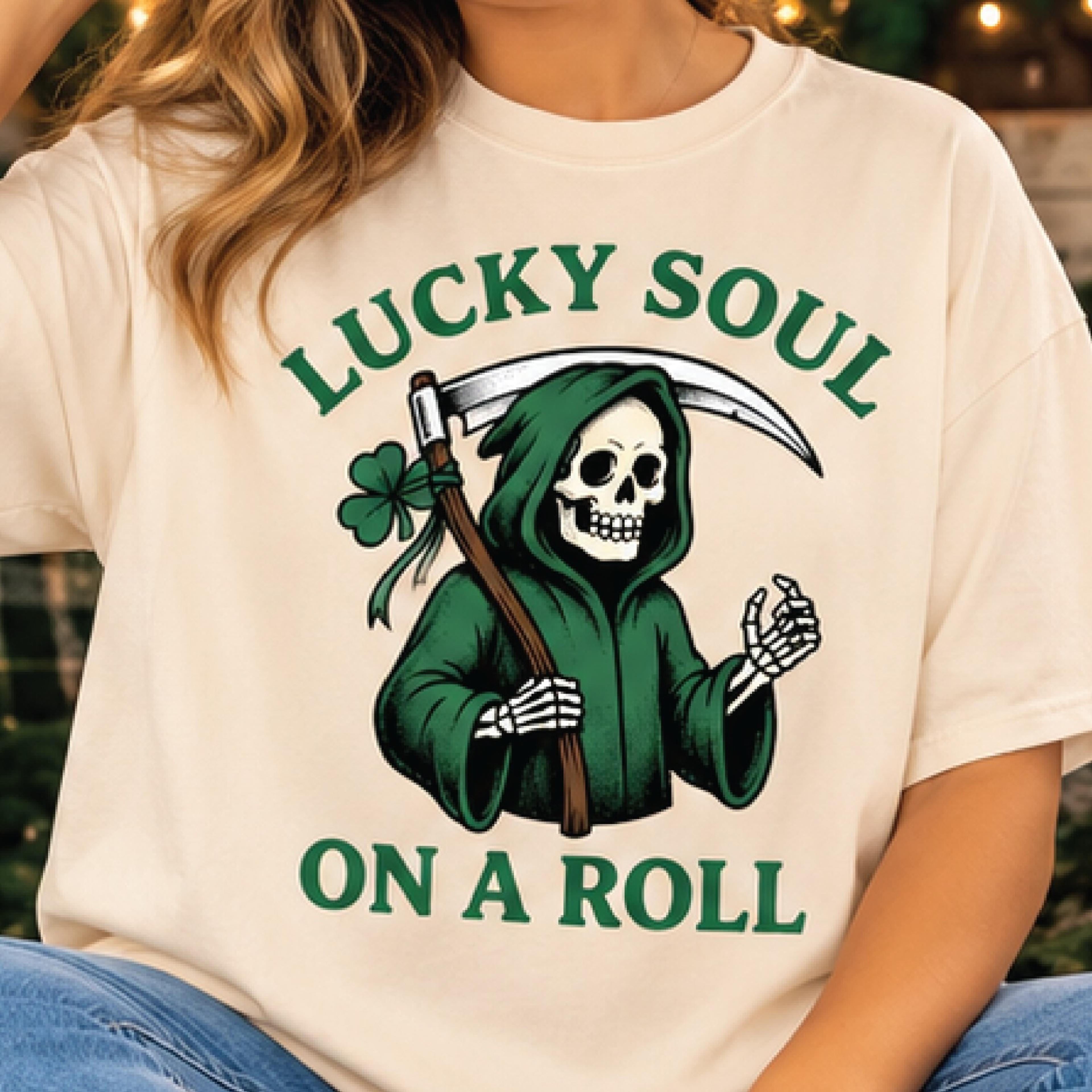 lucky soul on a roll shirt, funny st patricks day grim reaper graphic tee, irish shamrock skeleton shirt, lucky gift