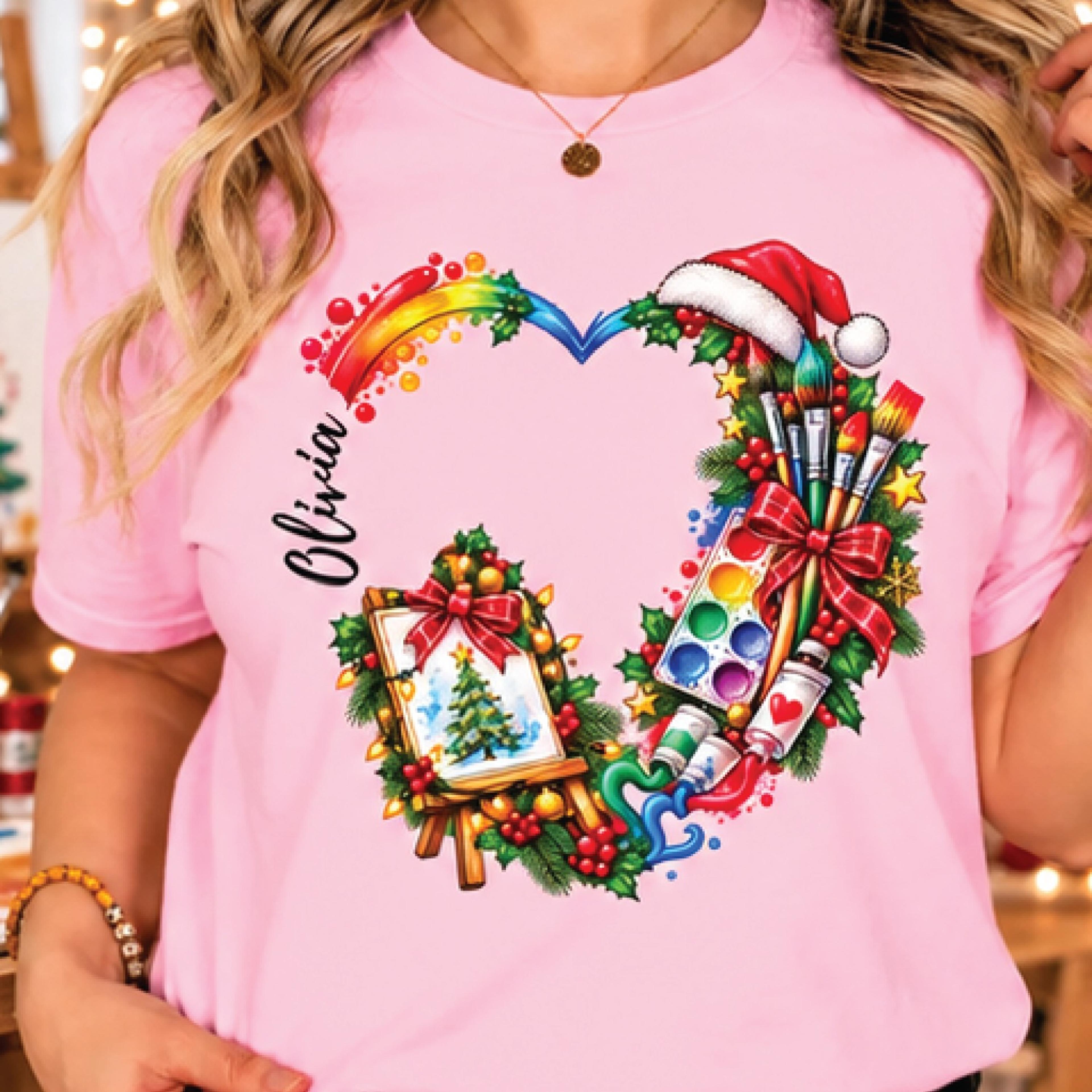 christmas art teacher shirt, personalized artist name graphic tee, holiday paintbrush heart t shirt, art lover gift for