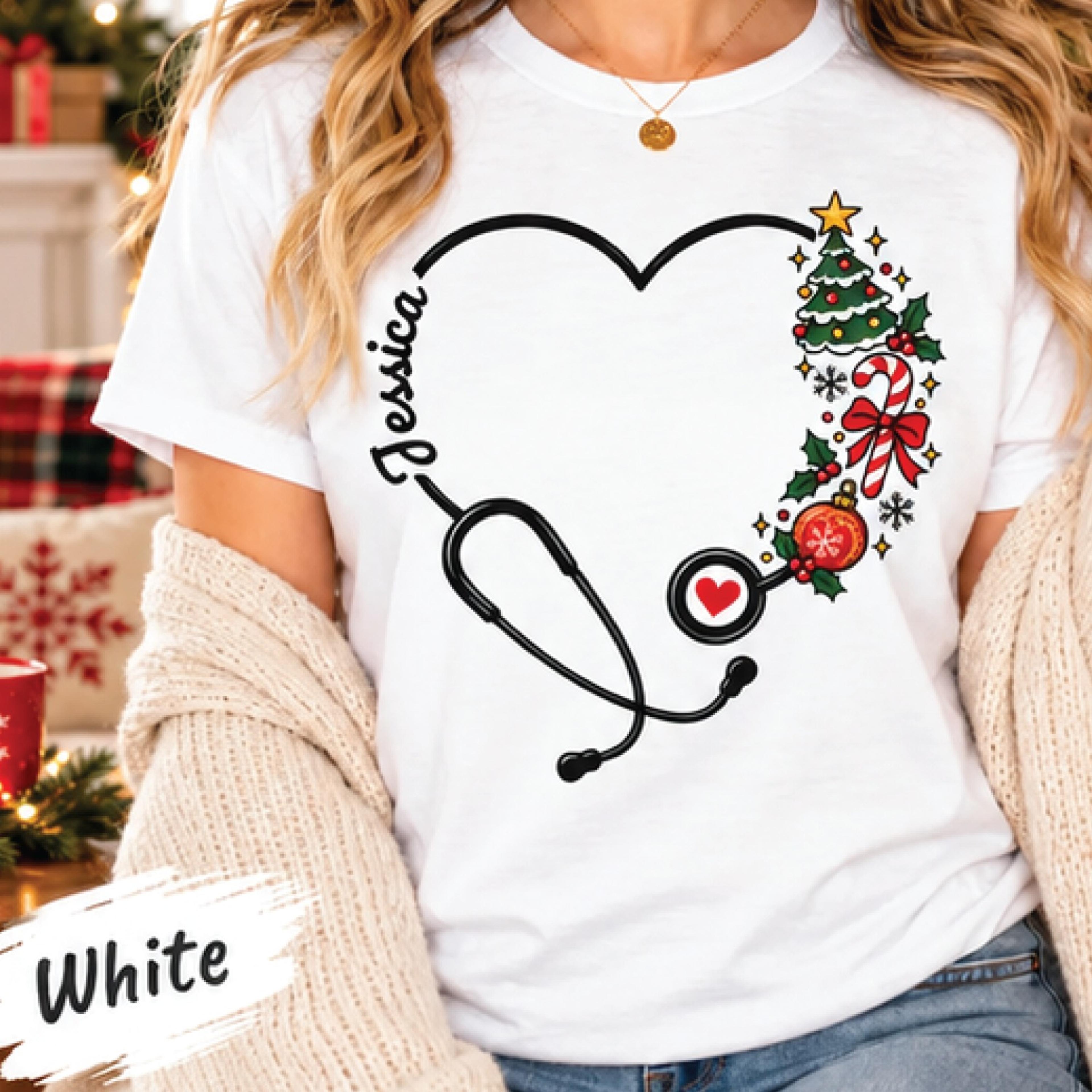 personalized christmas nurse shirt, custom name stethoscope heart graphic tee, holiday nursing gift, festive medical