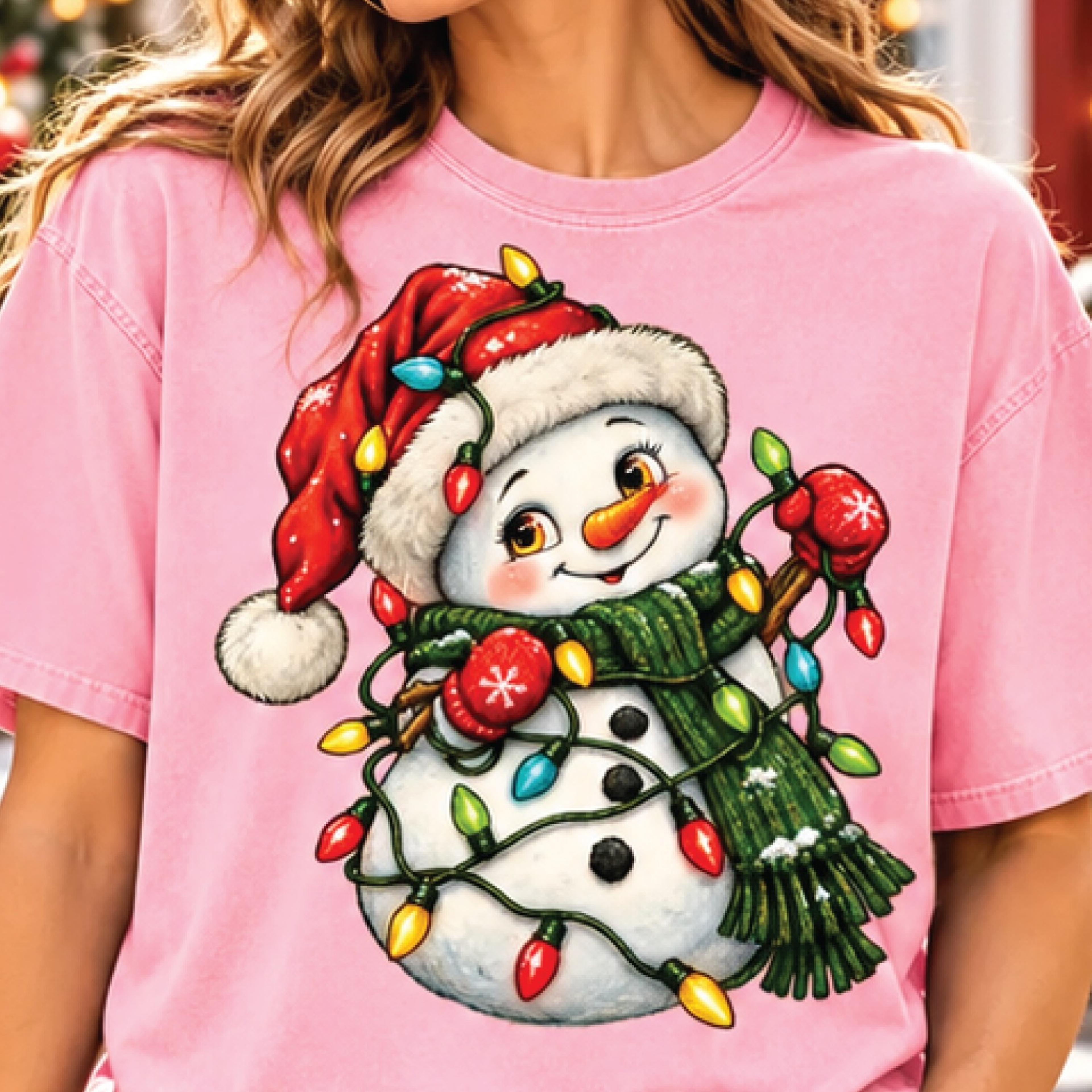 cute christmas snowman shirt, festive holiday lights graphic tee, adorable santa hat snowman t shirt, winter gift