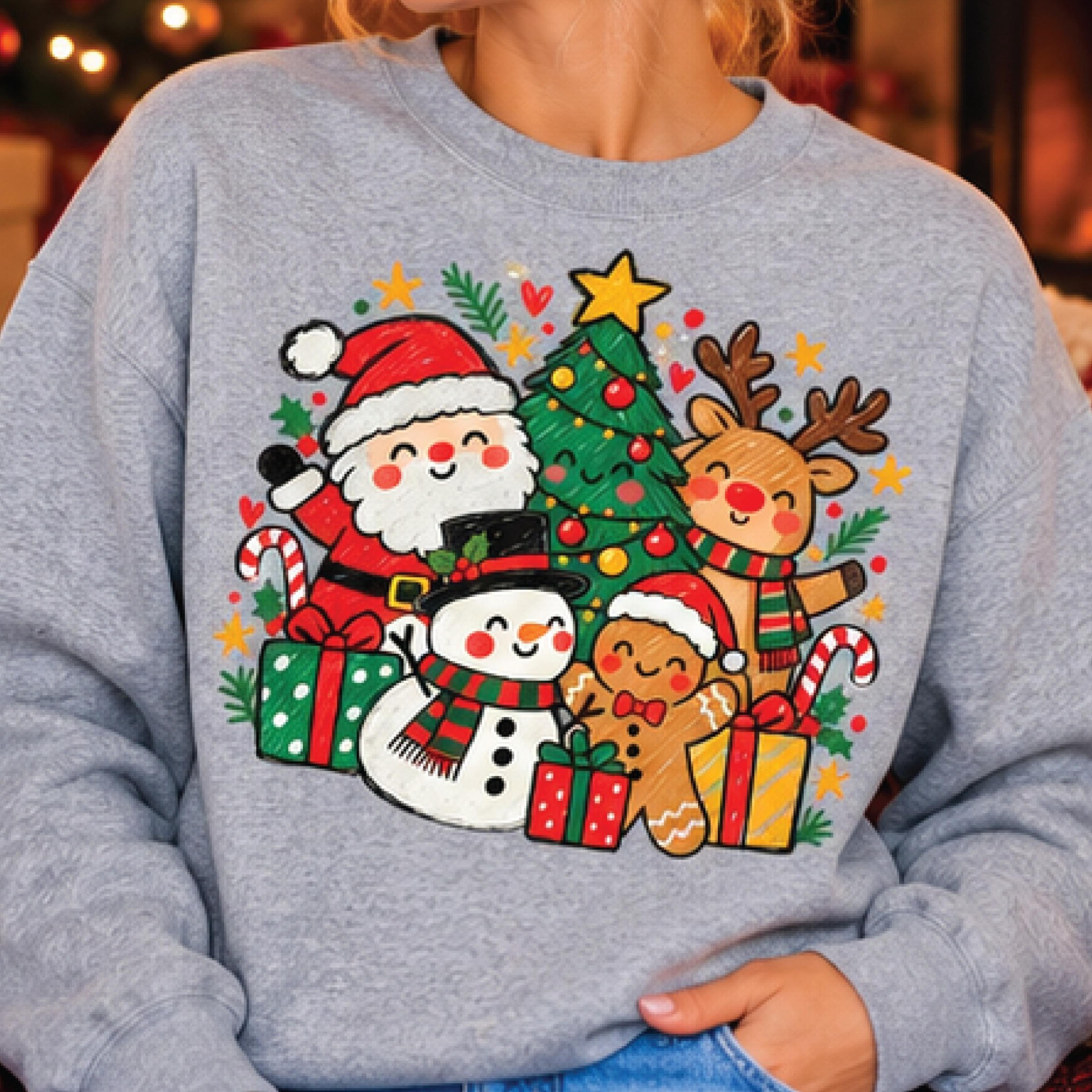 cute christmas characters sweatshirt, santa snowman reindeer gingerbread graphic crewneck, festive holiday pullover, xma
