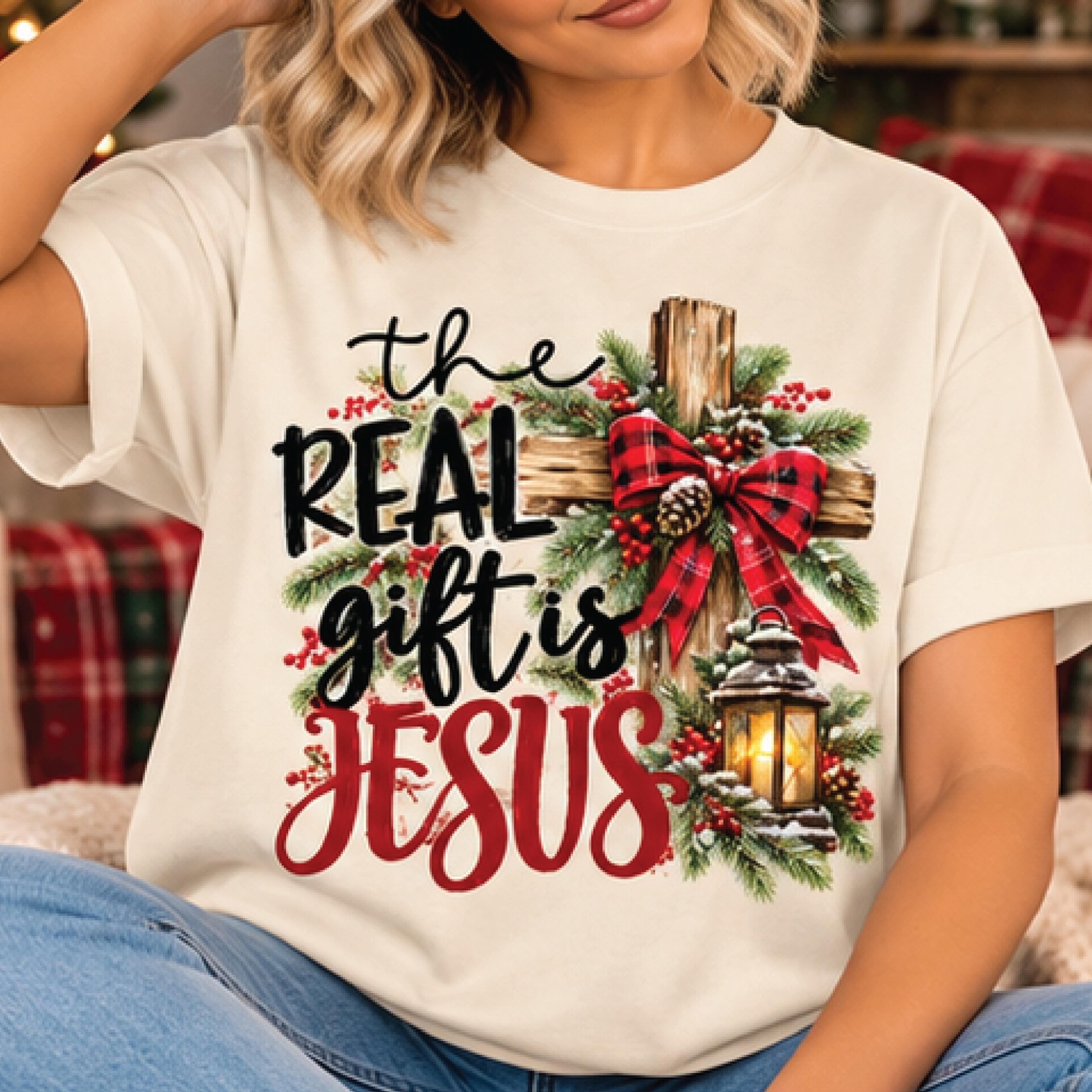 the real gift is jesus christmas shirt, christian faith graphic tee, rustic cross holiday t shirt, religious christmas
