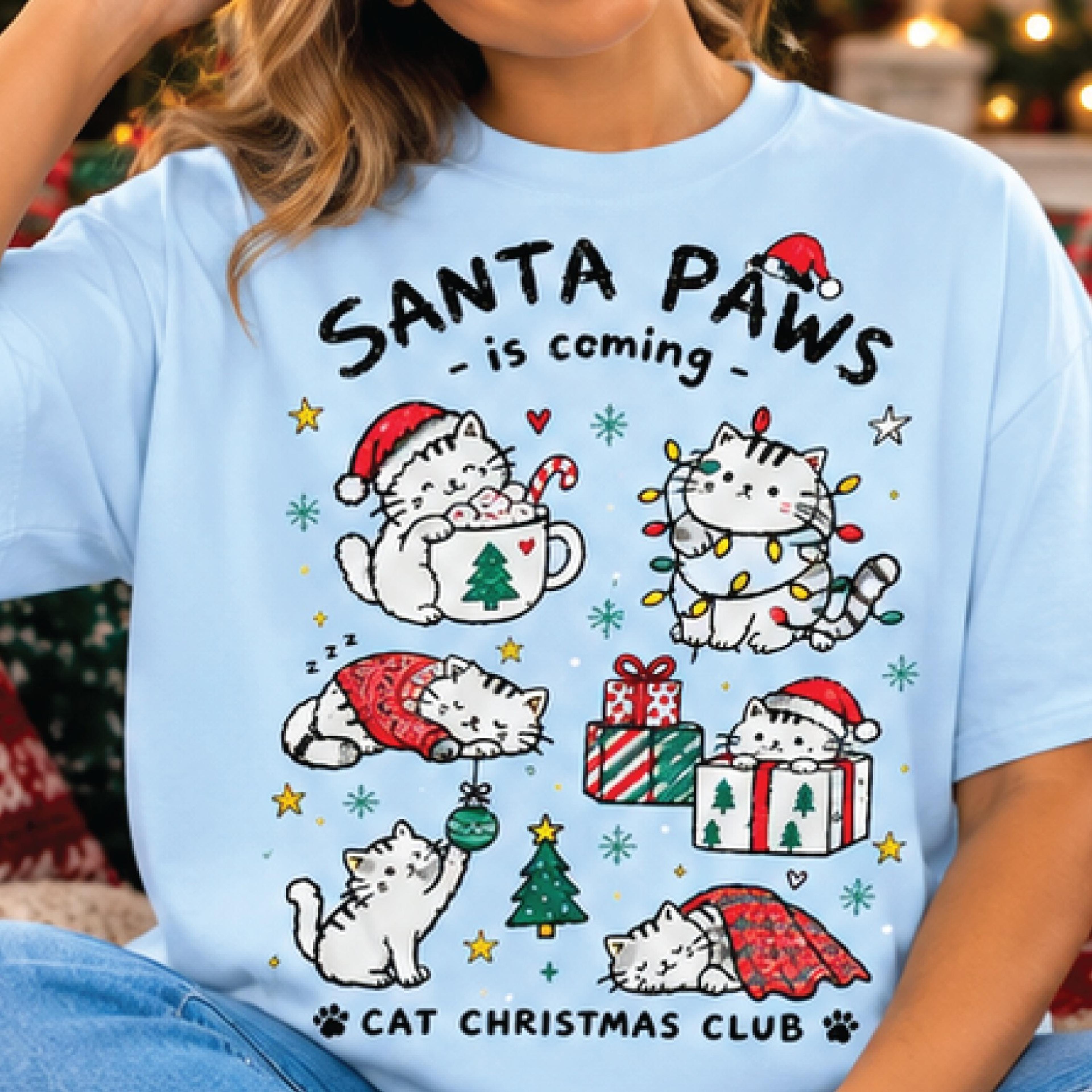 santa paws is coming christmas cat shirt, cute cat christmas club graphic tee, funny holiday kitty t-shirt, cat lover