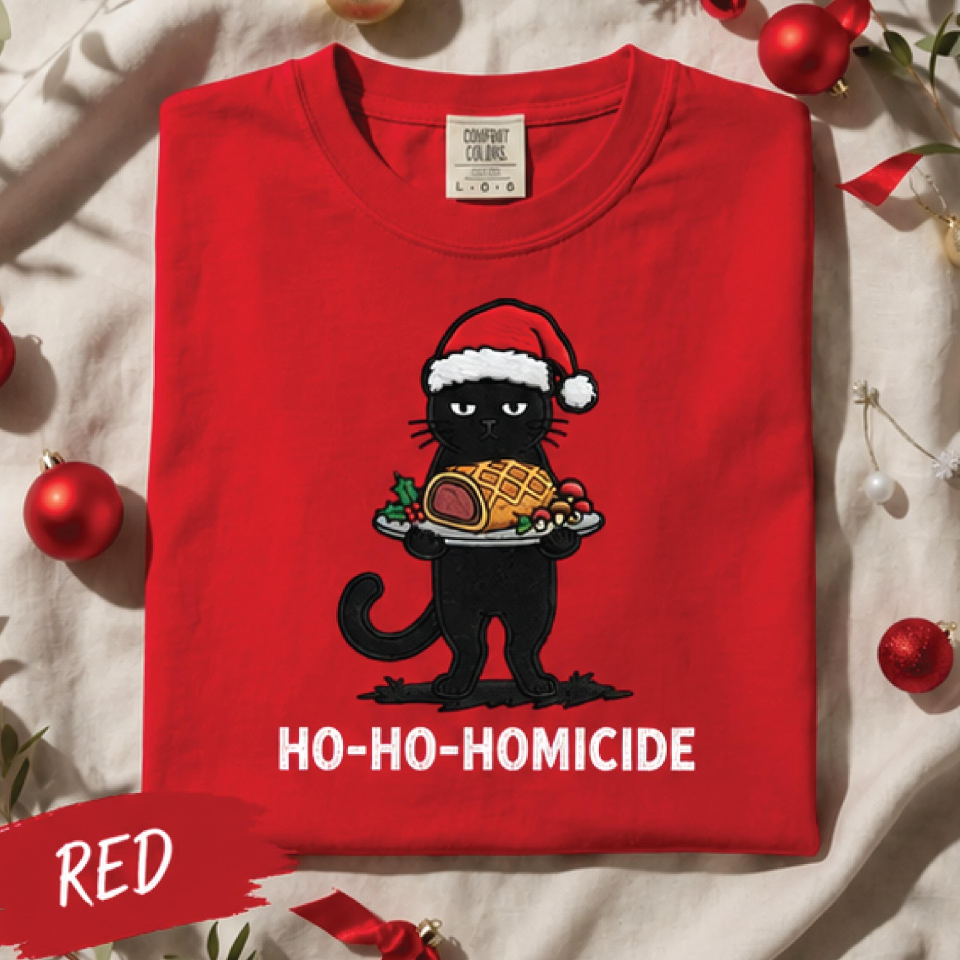 ho ho homicide christmas cat shirt, funny black cat santa graphic tee, dark humor holiday t-shirt, cat lover christmas