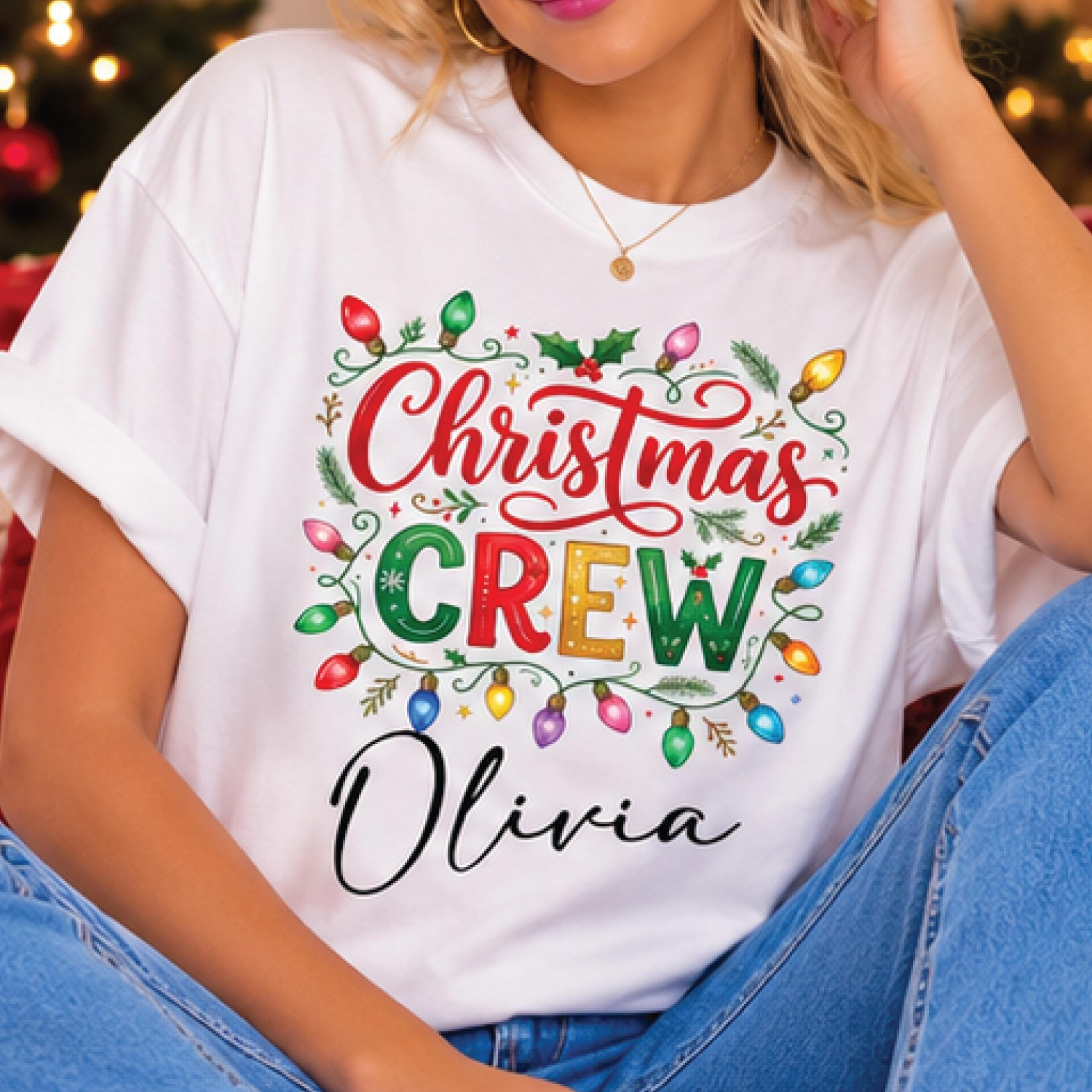 christmas crew shirt with custom name, festive holiday lights graphic tee, family matching christmas gift
