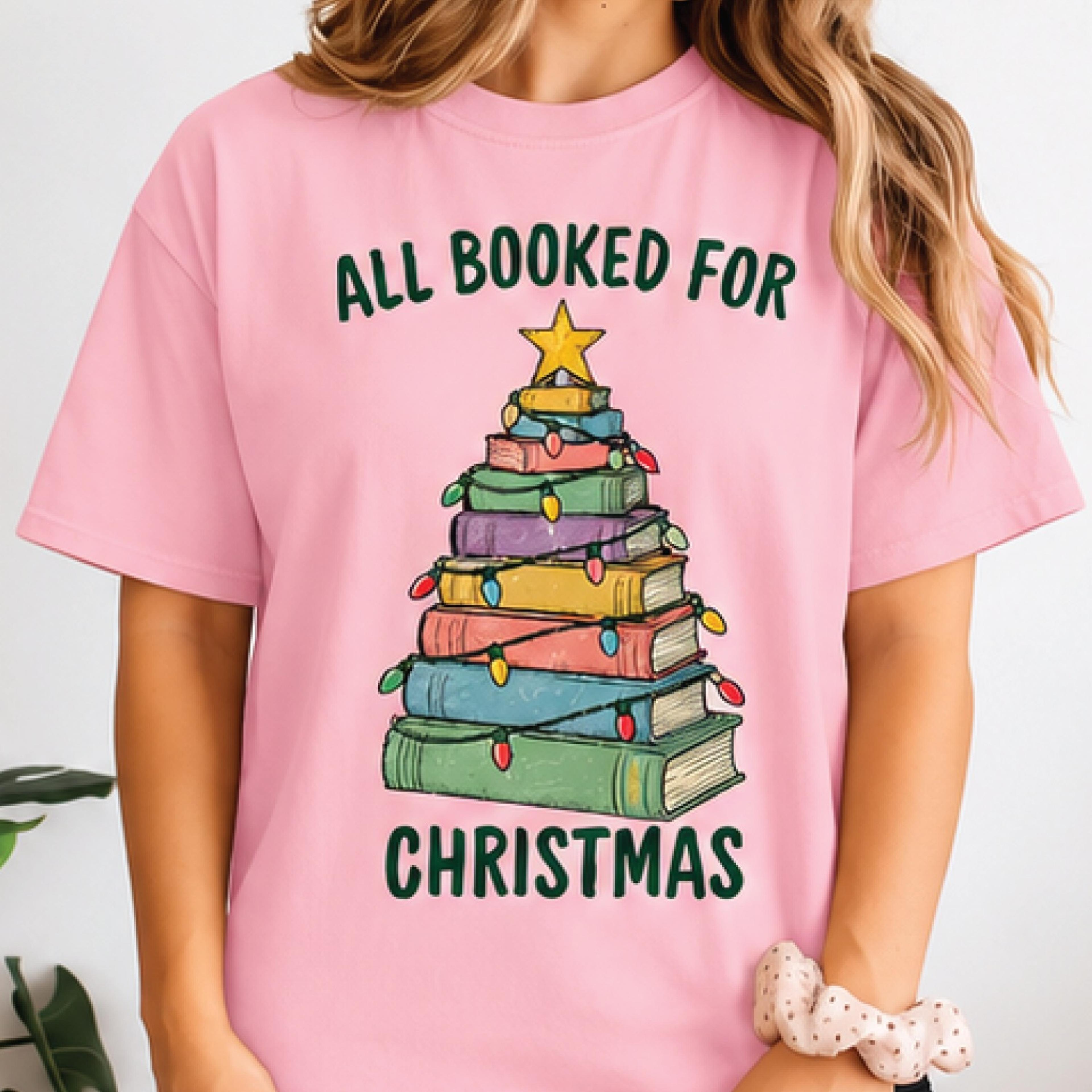 all booked for christmas shirt, book lover christmas tree graphic tee, cozy holiday reading shirt, librarian and teacher