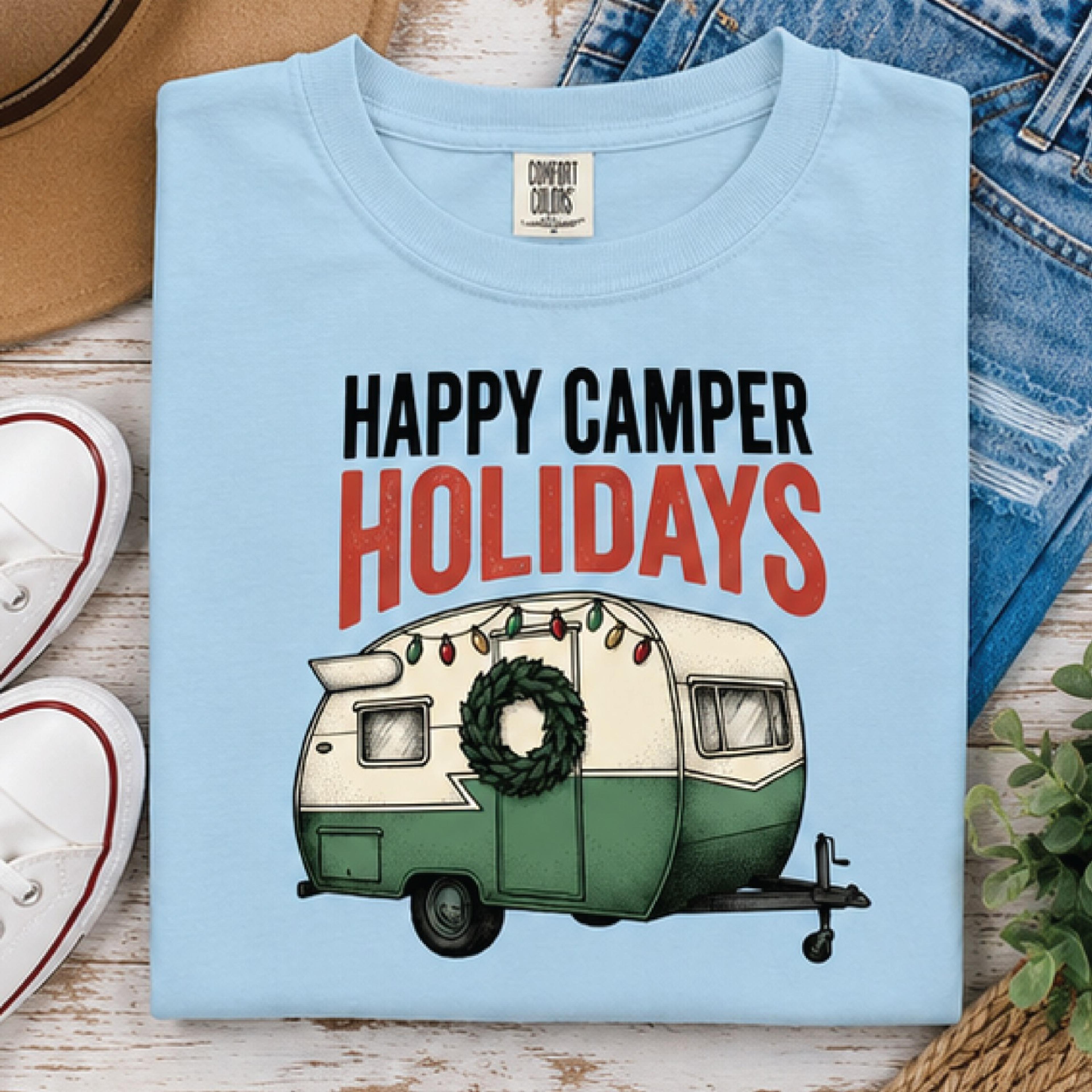 happy camper holidays christmas sweatshirt, vintage camper trailer graphic, retro camping christmas gift for rv lovers