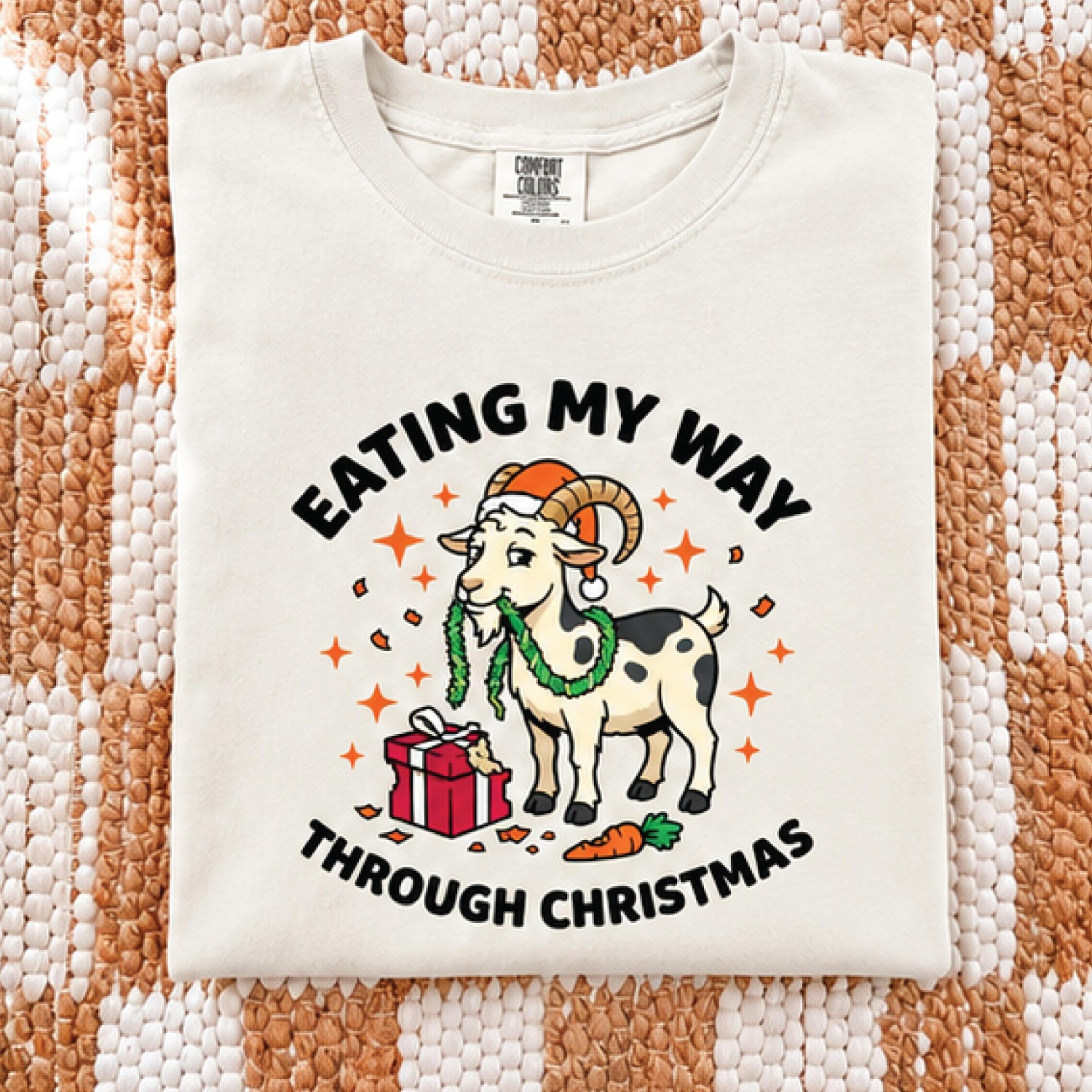 eating my way through christmas sweatshirt, funny christmas goat shirt, cute farm animal holiday graphic gift for goat
