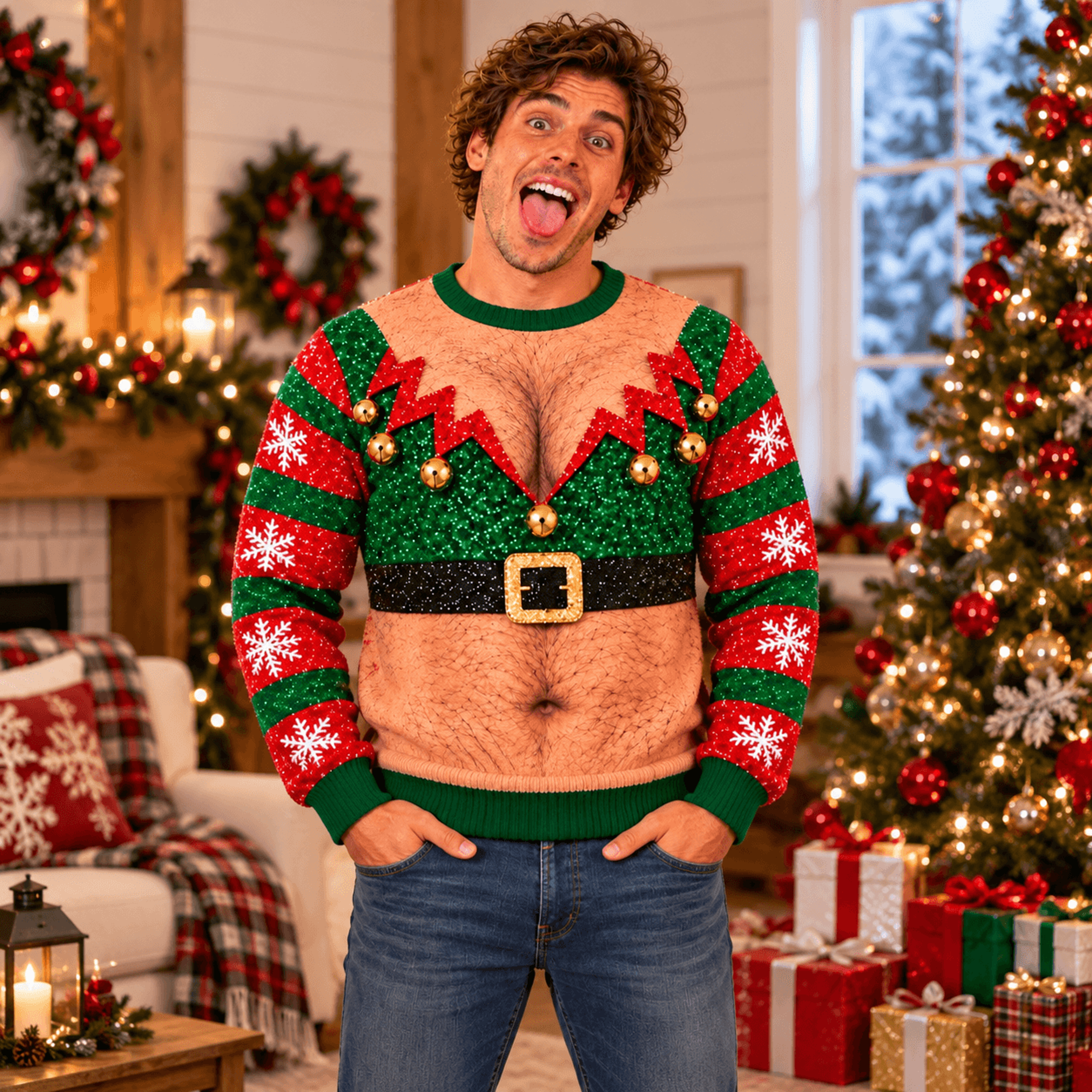 funny christmas elf sweatshirt, hairy chest elf costume illusion, ugly christmas sweater, unisex adult holiday party