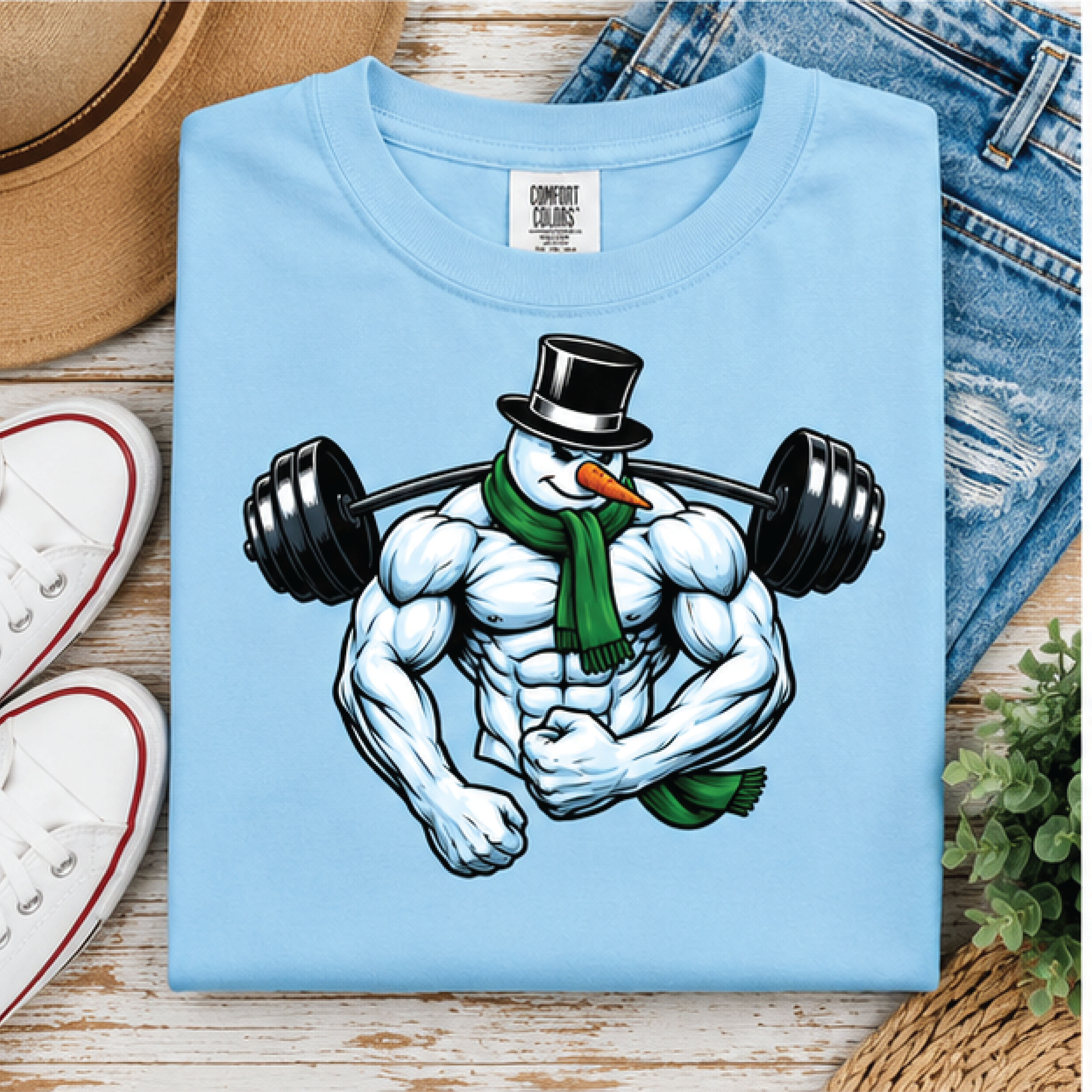 muscle snowman christmas shirt, funny gym snowman weightlifting graphic tee, bodybuilder holiday t-shirt, fitness lover