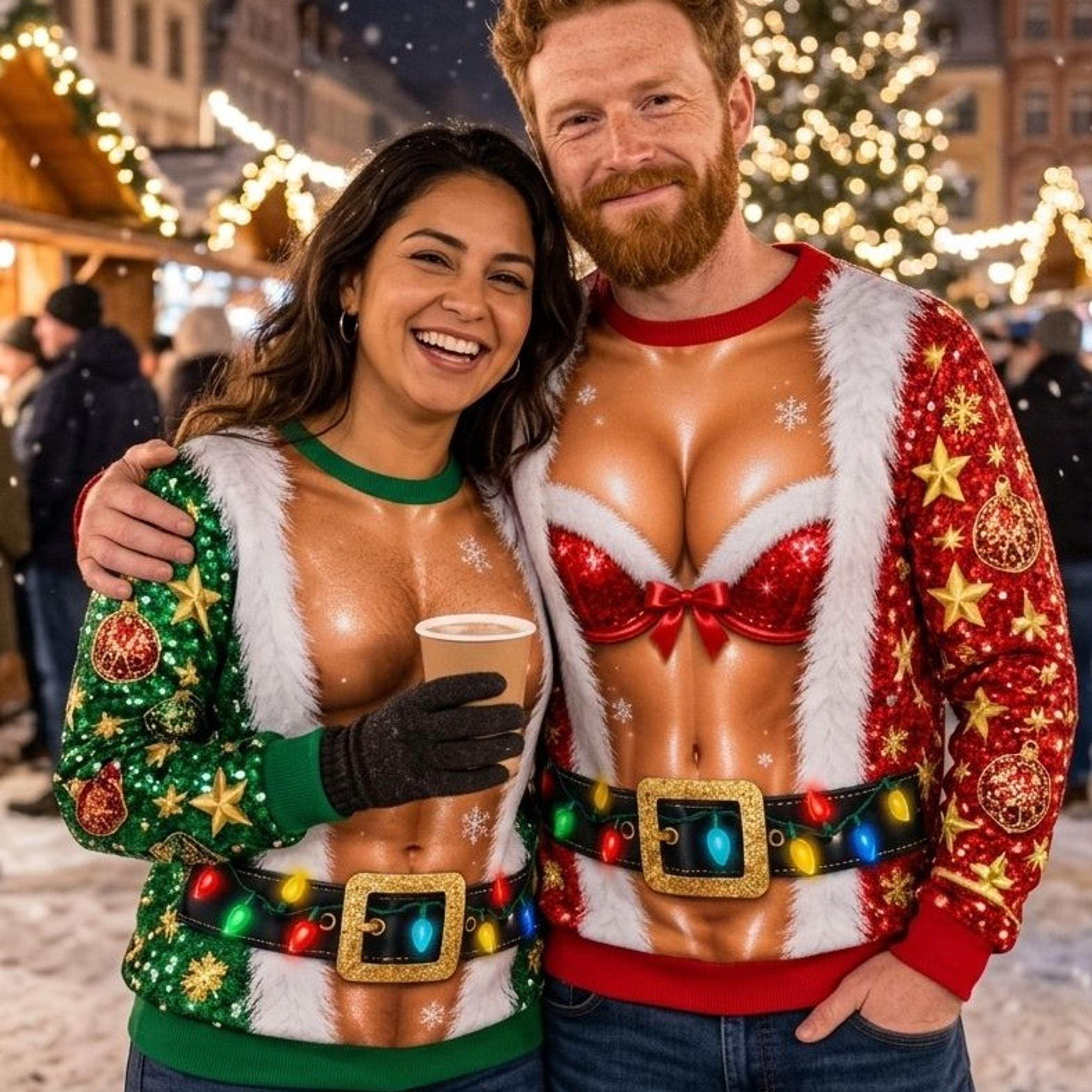 funny christmas couples sweatshirt, matching santa body illusion sweater, unisex adult ugly christmas party outfit