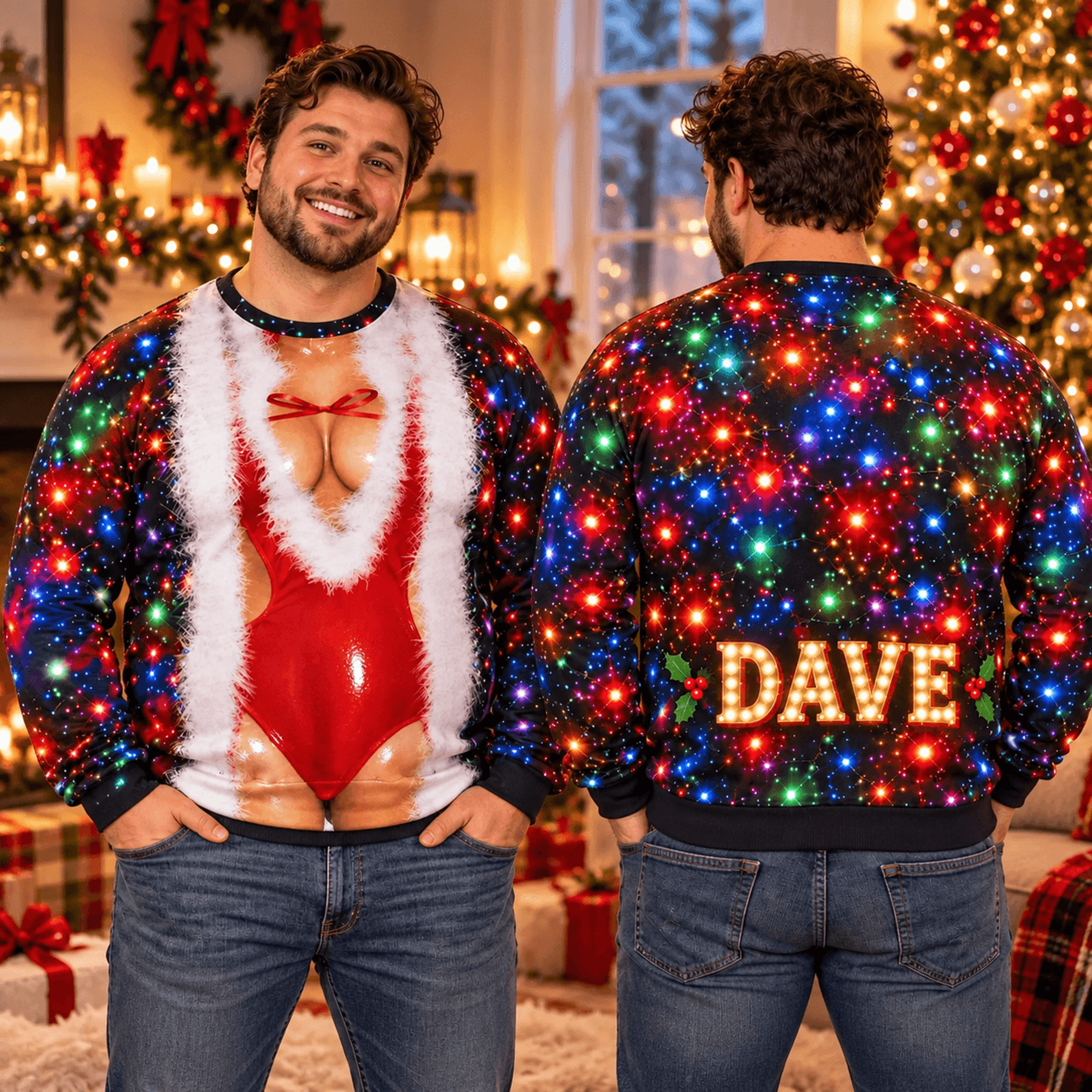 personalized funny christmas sweatshirt, custom name santa bodysuit illusion sweater, unisex adult ugly christmas party