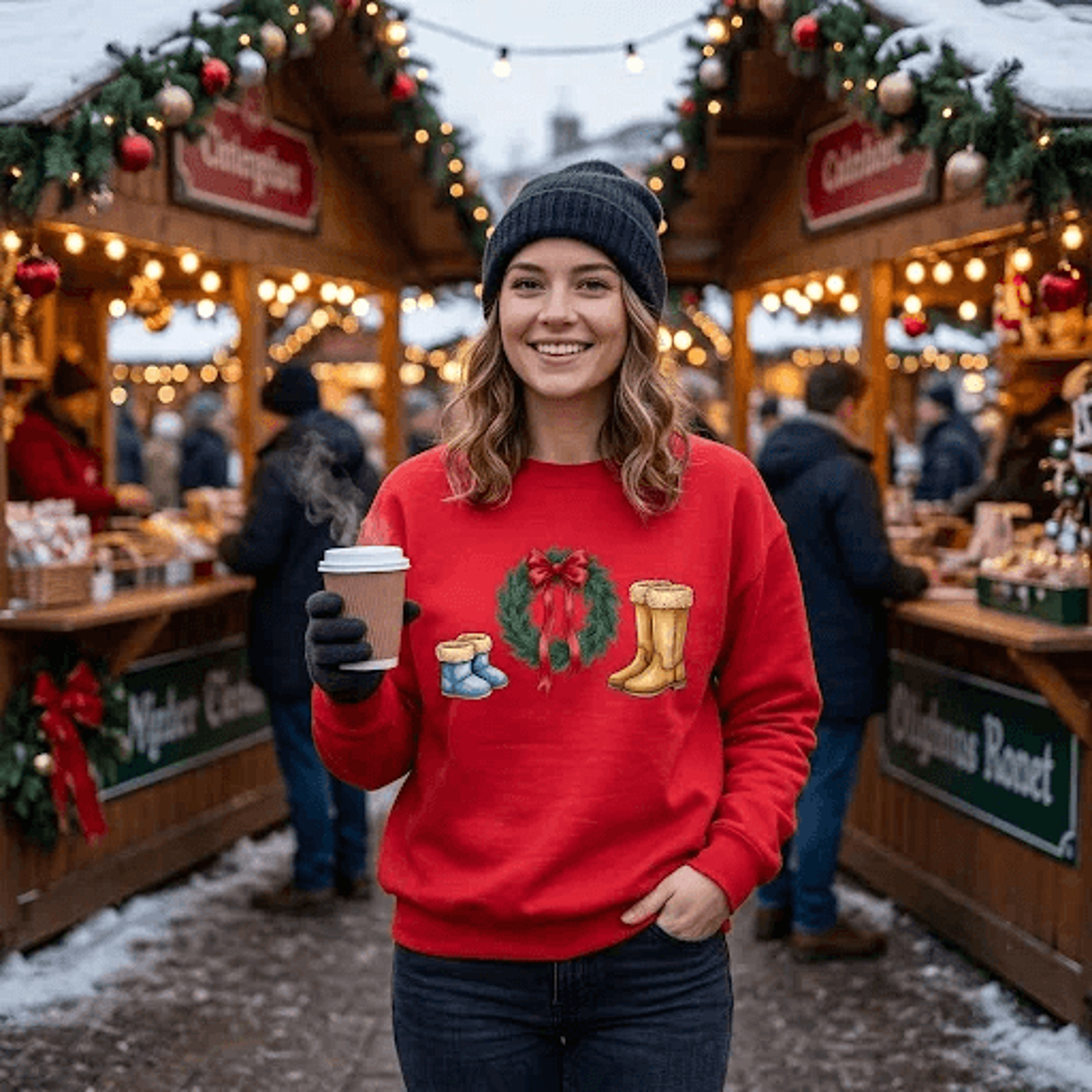 christmas wreath and boots sweatshirt, cute winter holiday graphic pullover, festive bow wreath shirt, cozy christmas