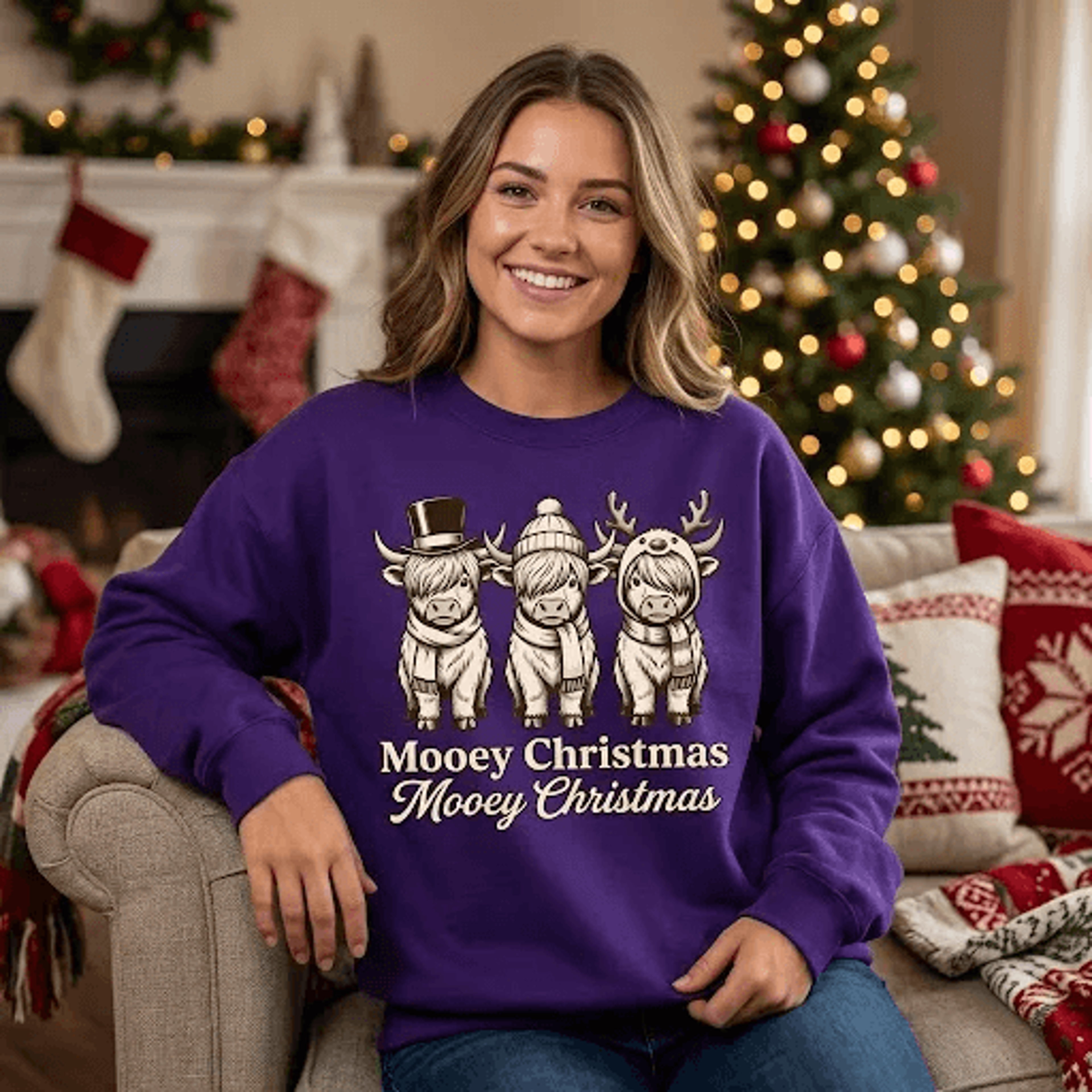 mooey christmas sweatshirt, funny highland cow christmas pullover, cute holiday cow graphic shirt, festive cow lover