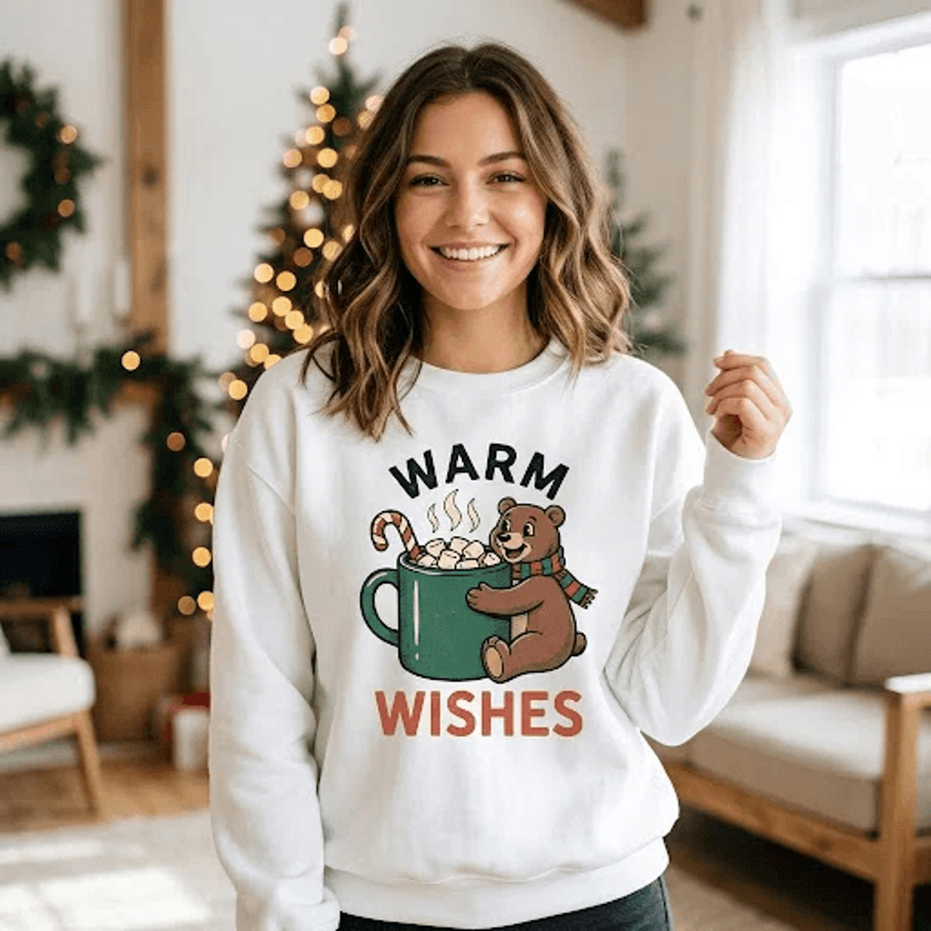 warm wishes christmas sweatshirt, cute bear hot cocoa graphic pullover, cozy winter holiday shirt, festive bear lover