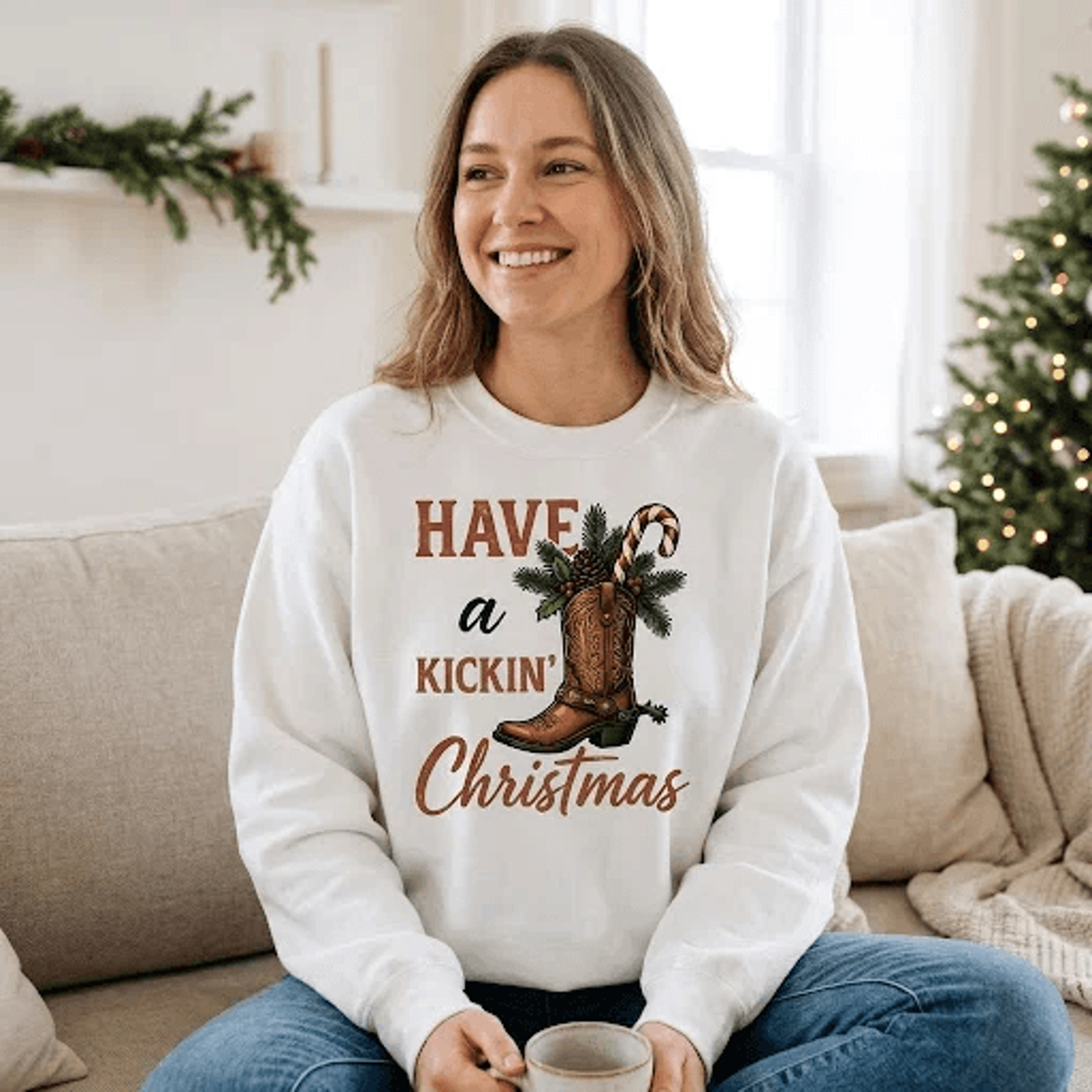have a kickin christmas sweatshirt, western cowboy boot holiday pullover, funny country christmas shirt, cowgirl xmas