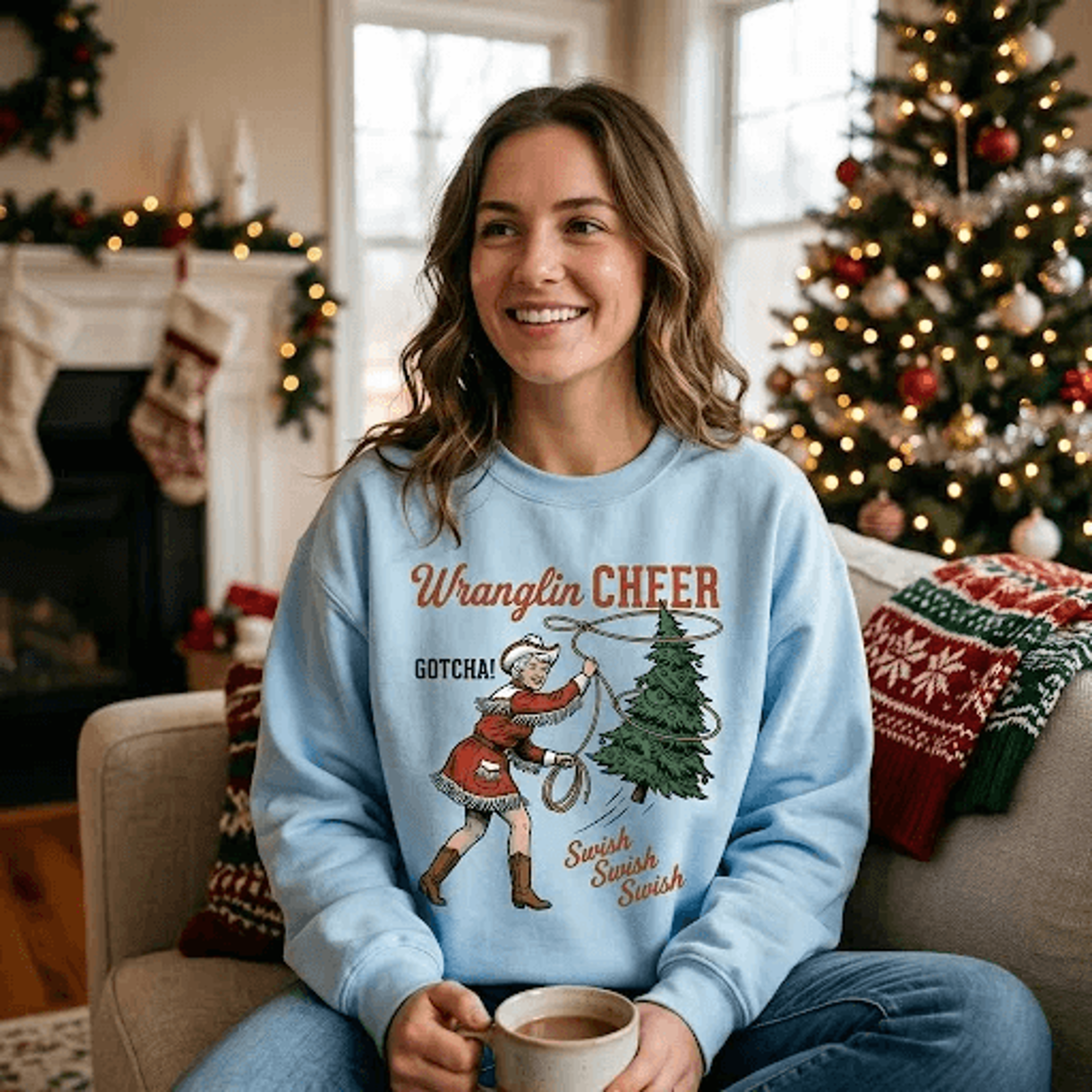wranglin cheer christmas sweatshirt, vintage western cowgirl santa graphic pullover, funny rodeo holiday gift for horse