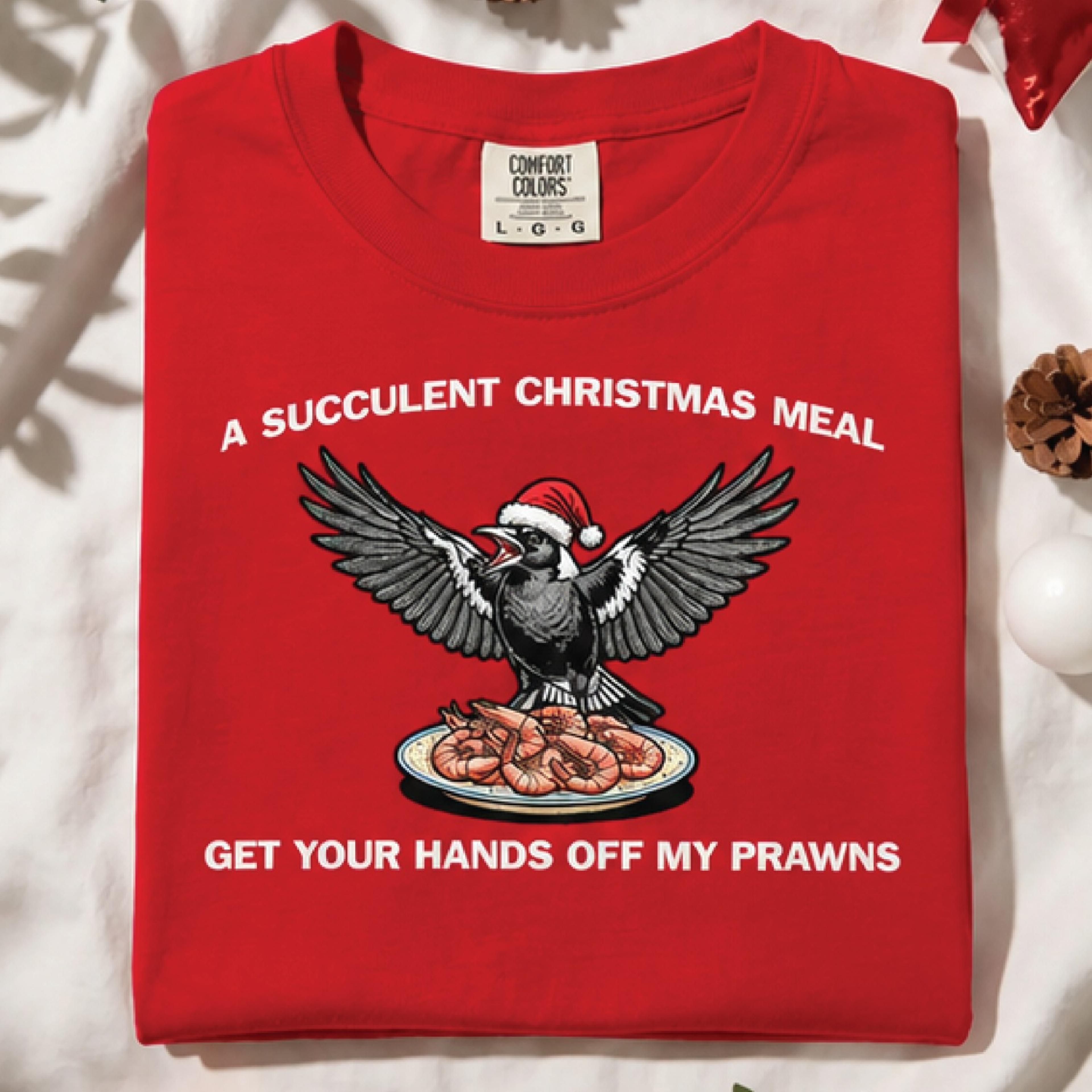 funny christmas prawns sweatshirt, a succulent christmas meal shirt, santa crow holiday humor gift, seafood lover xmas